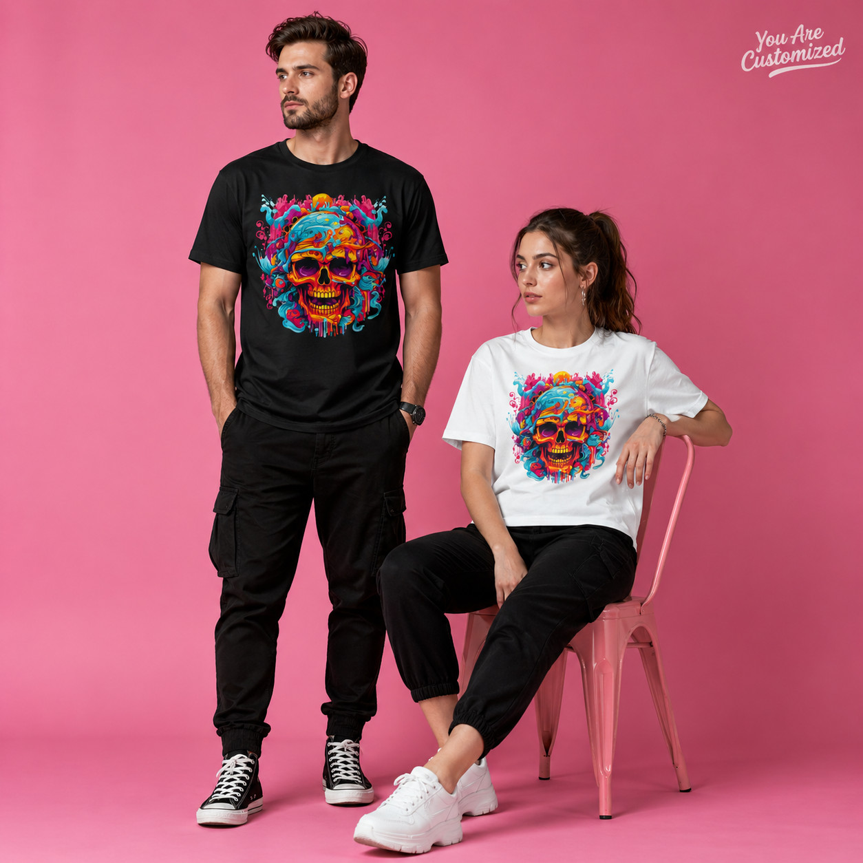 Colorful Skull Graphic T-Shirt Black or White Unisex Streetwear Art Tee