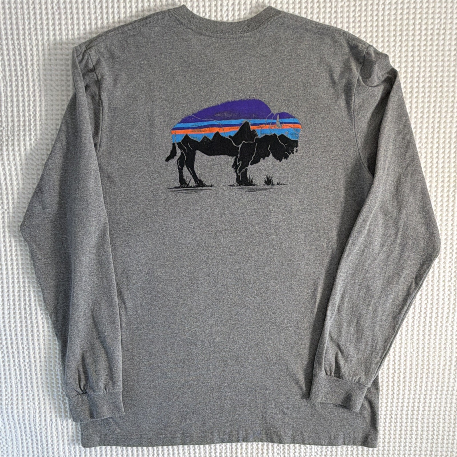 Patagonia Responsibili-Tee Men’s Gray Bison Graphic Crew Neck Long Sleeve M