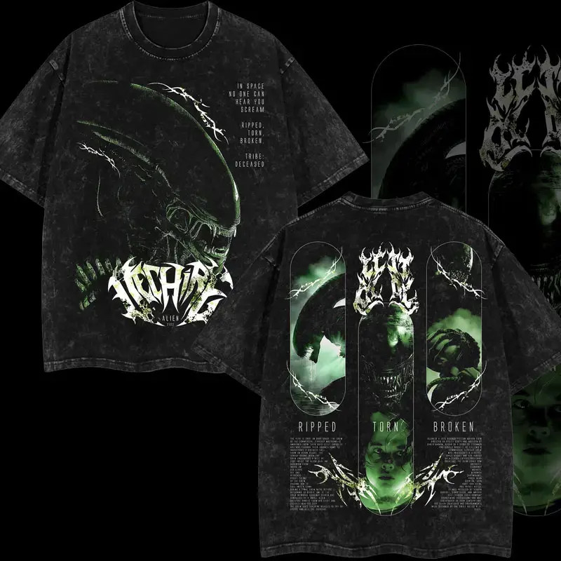 ALIEN XENOMORPH Horror Movie Double Printed Lightweight Acid Tee