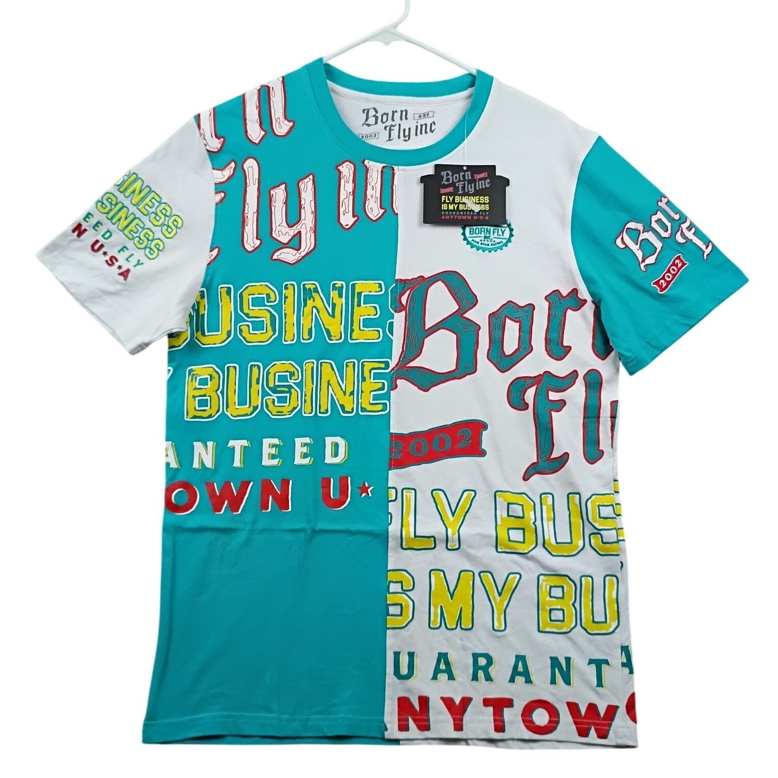Born Fly Graphic Tee Mens Large Turquoise White Streetwear Split Panel Shirt NWT
