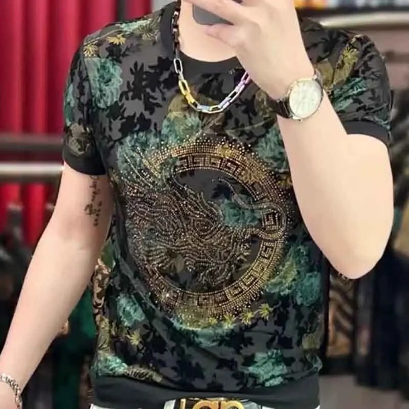 New Men Luxury Diamond Dragon Rhinestones Fashion T-Shirt High Quality 2 Colors