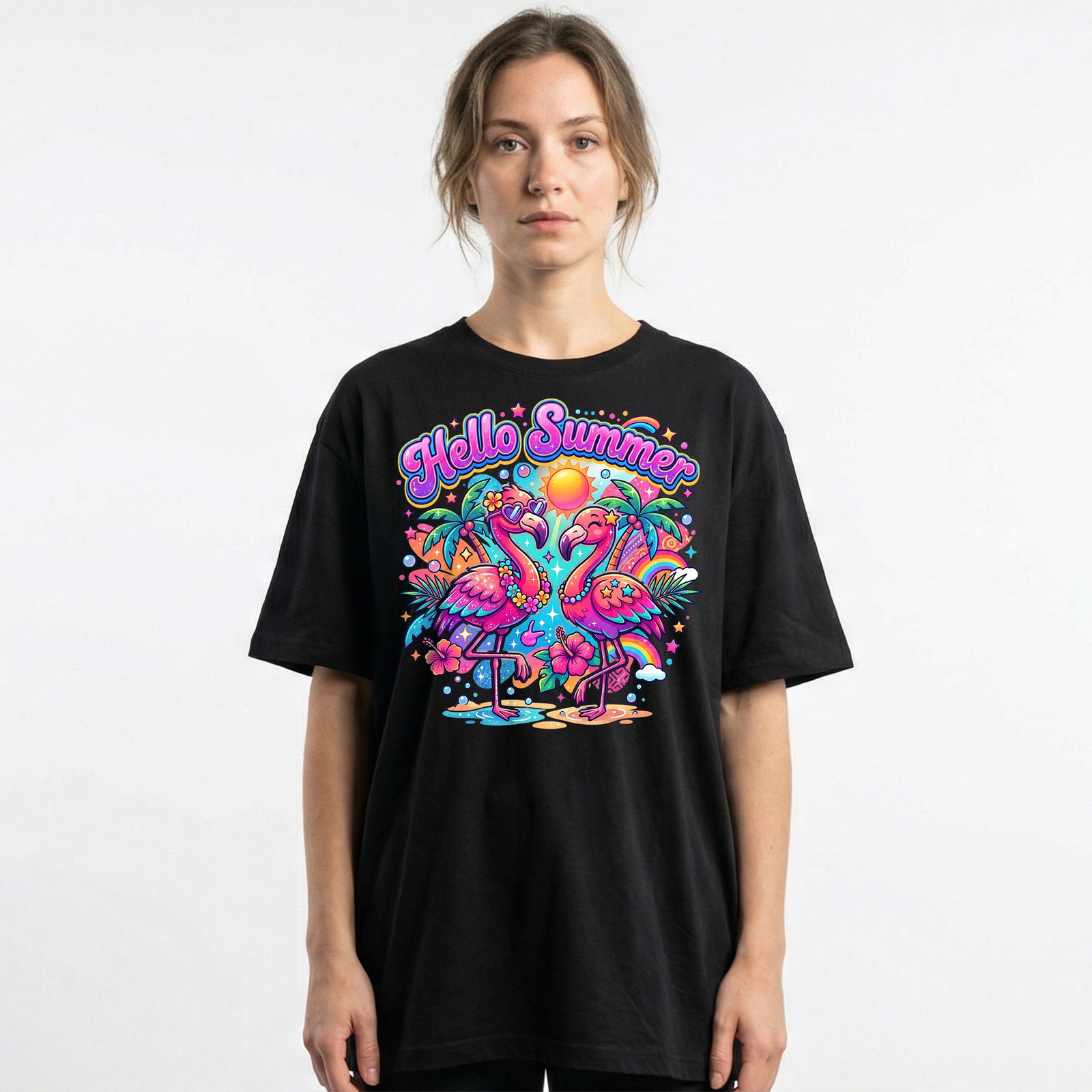 Hello Summer Tropical Flamingo T-Shirt Retro Neon Beach Vacation Holiday Tee