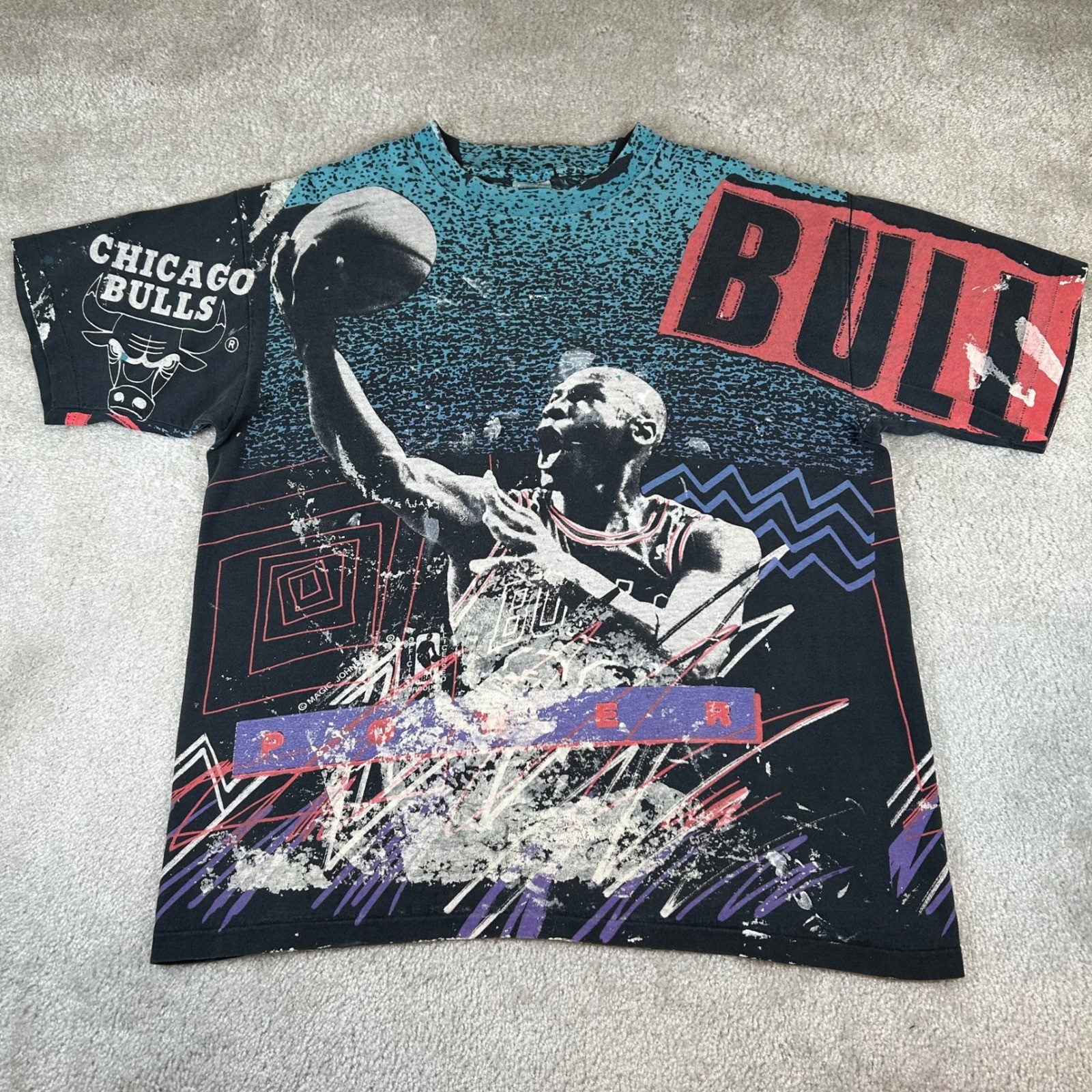 Vintage 90s Chicago Bulls T-Shirt Mens L Black Michael Jordan Power AOP USA Rare