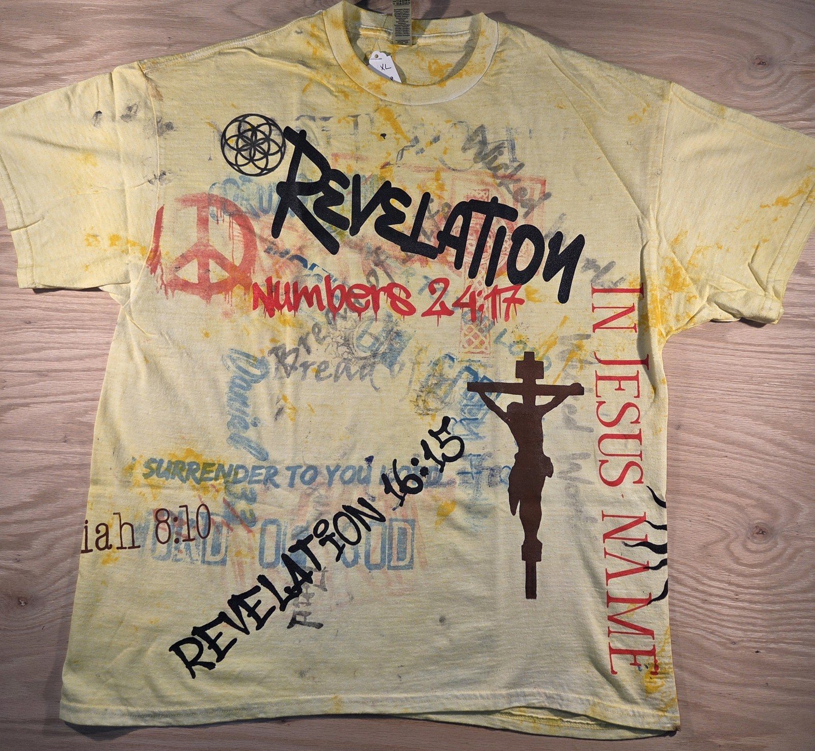 Gildan Christian Art Graphic Print T-Shirt Yellow XL Peace Symbol Jesus