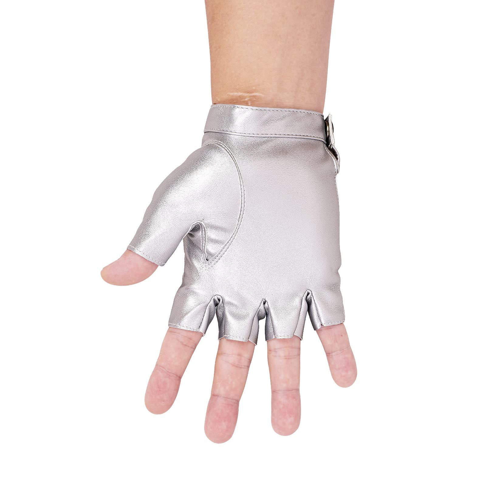 JISEN Men PU Leather Punk Half Finger Snap Performance Gloves Silver