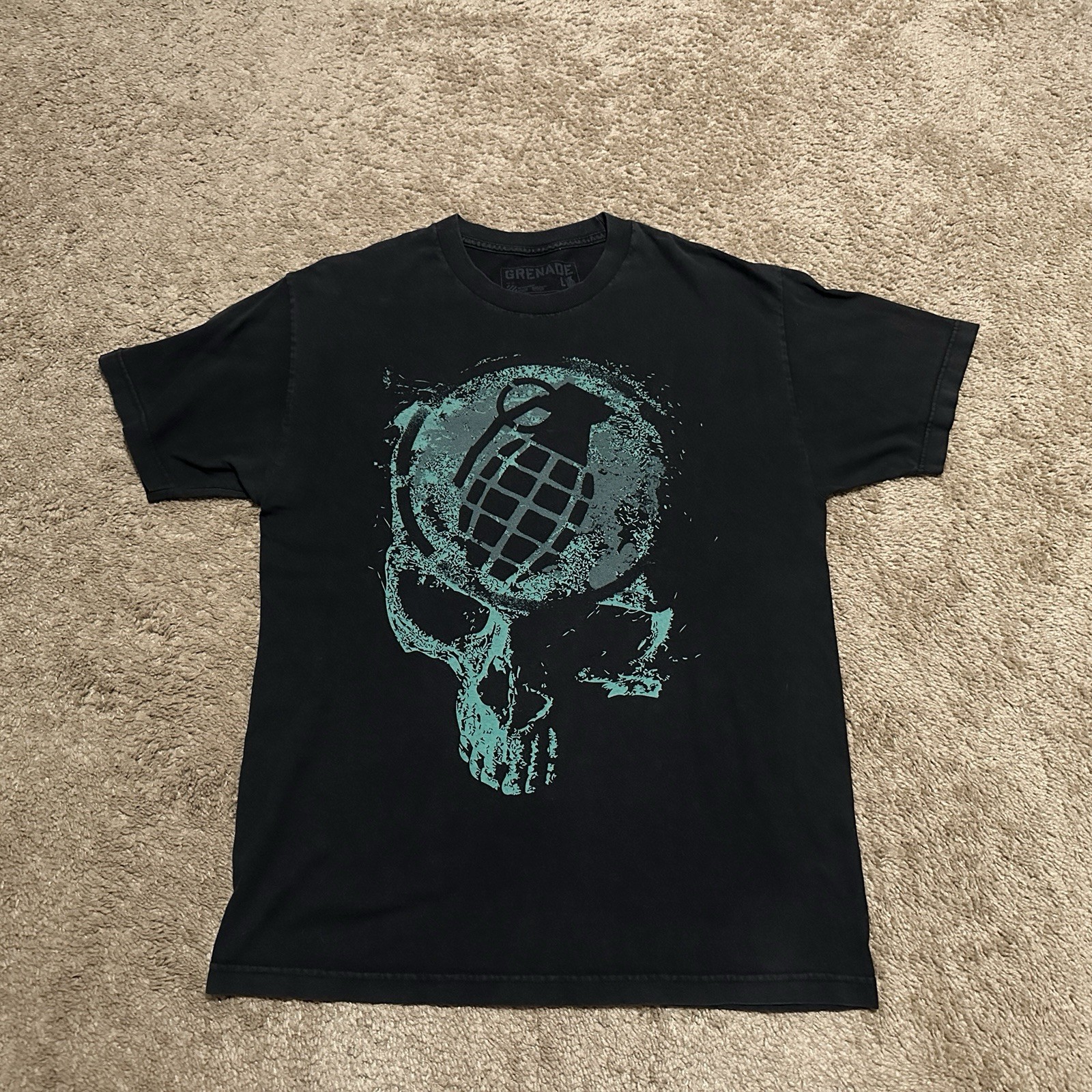 Grenade Skateboard Shirt Mens Large Skull Grunge Skater Short Sleeve Y2K Black