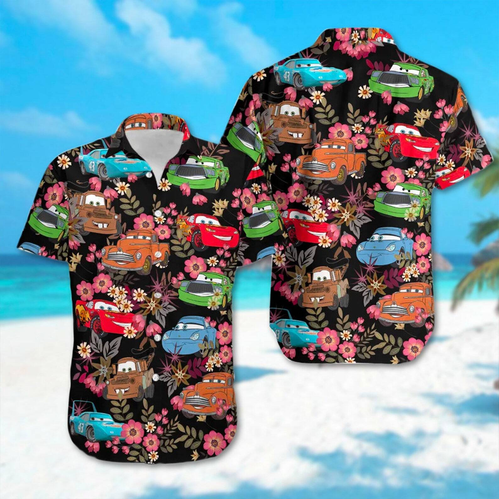 Pixar Cars Lightning Mcqueen And Friends Tropical Flowers Hawaiian Shirt
