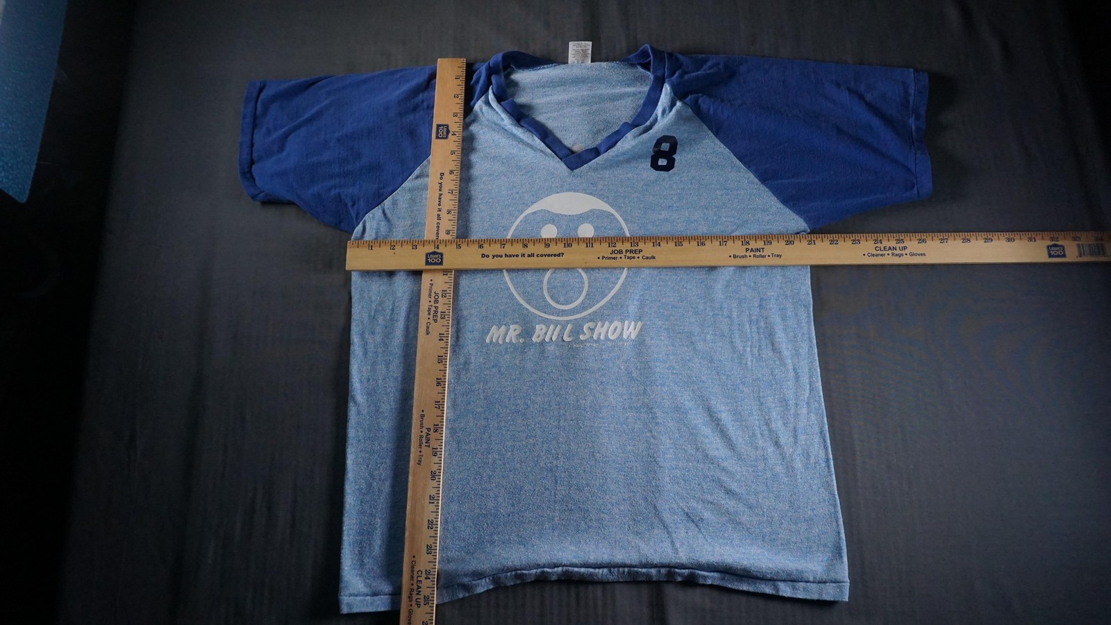 Vintage Mr. Bill Show Shirt Mens Large Blue Raglan V Neck Russell Made USA 80s