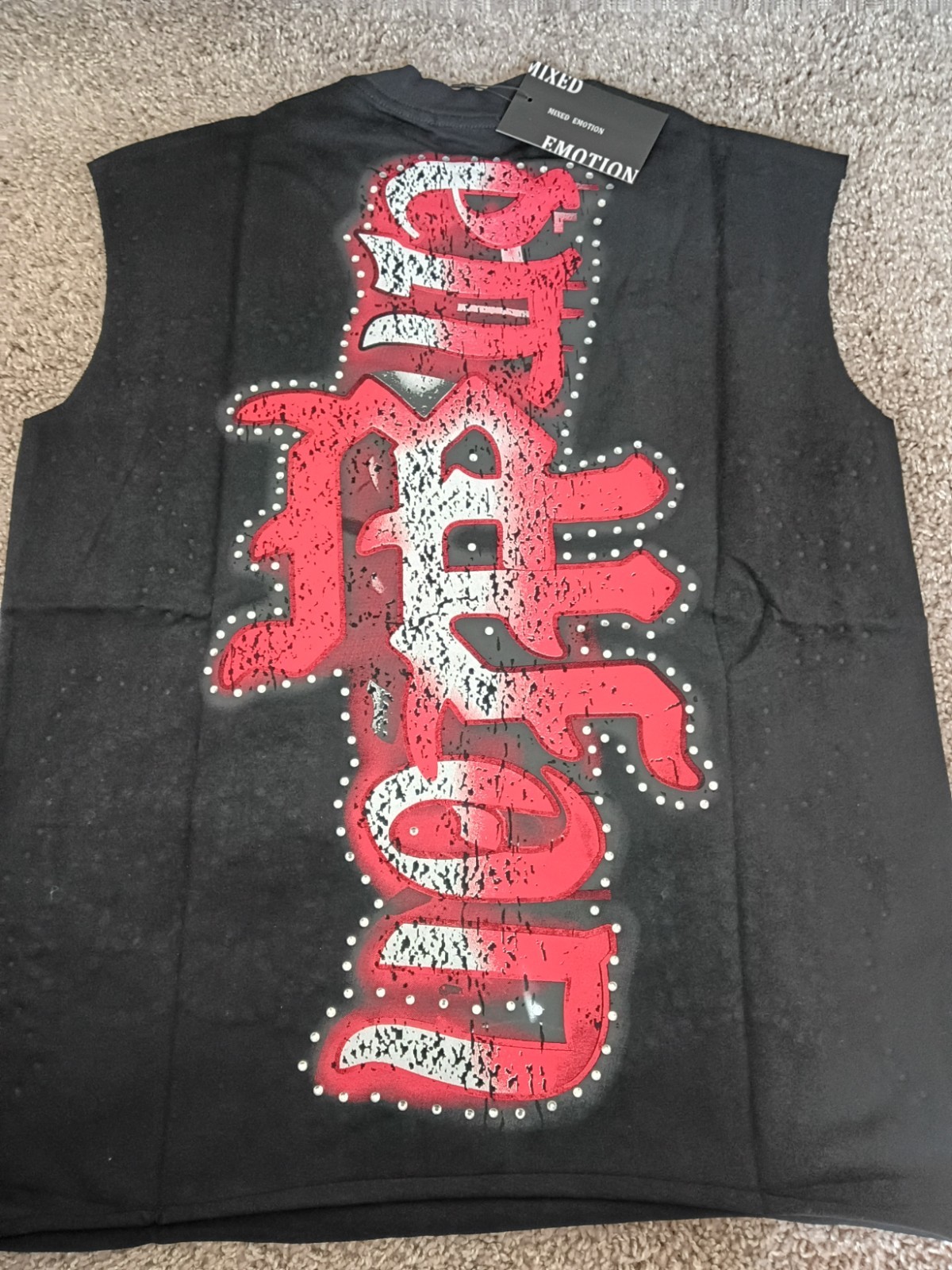 Mixed Emotions Sleeveless Crew Neck Graphic Rhinestone Cotton Tee