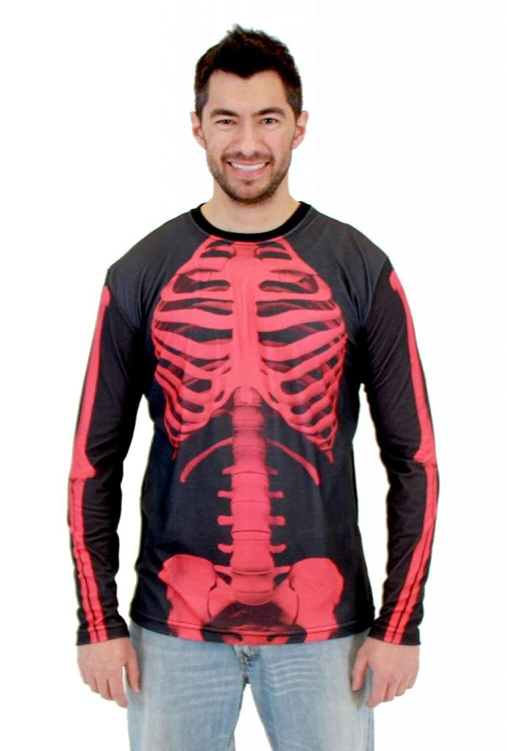 Adult Halloween Red Skeleton Bones Body Long Sleeve Costume T-Shirt Tee