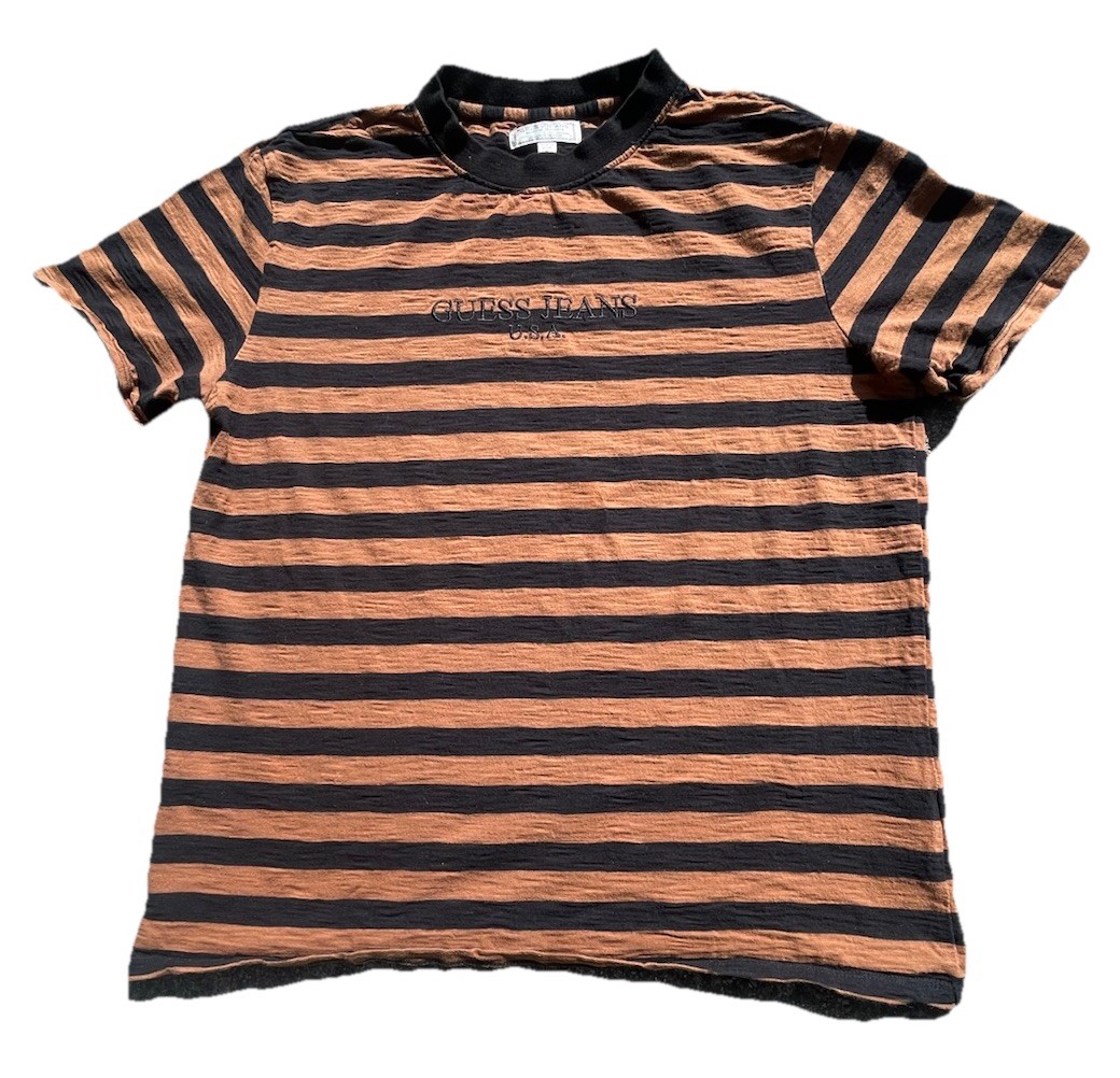 GUESS JEANS Striped Tee Shirt Brown Black Size Medium