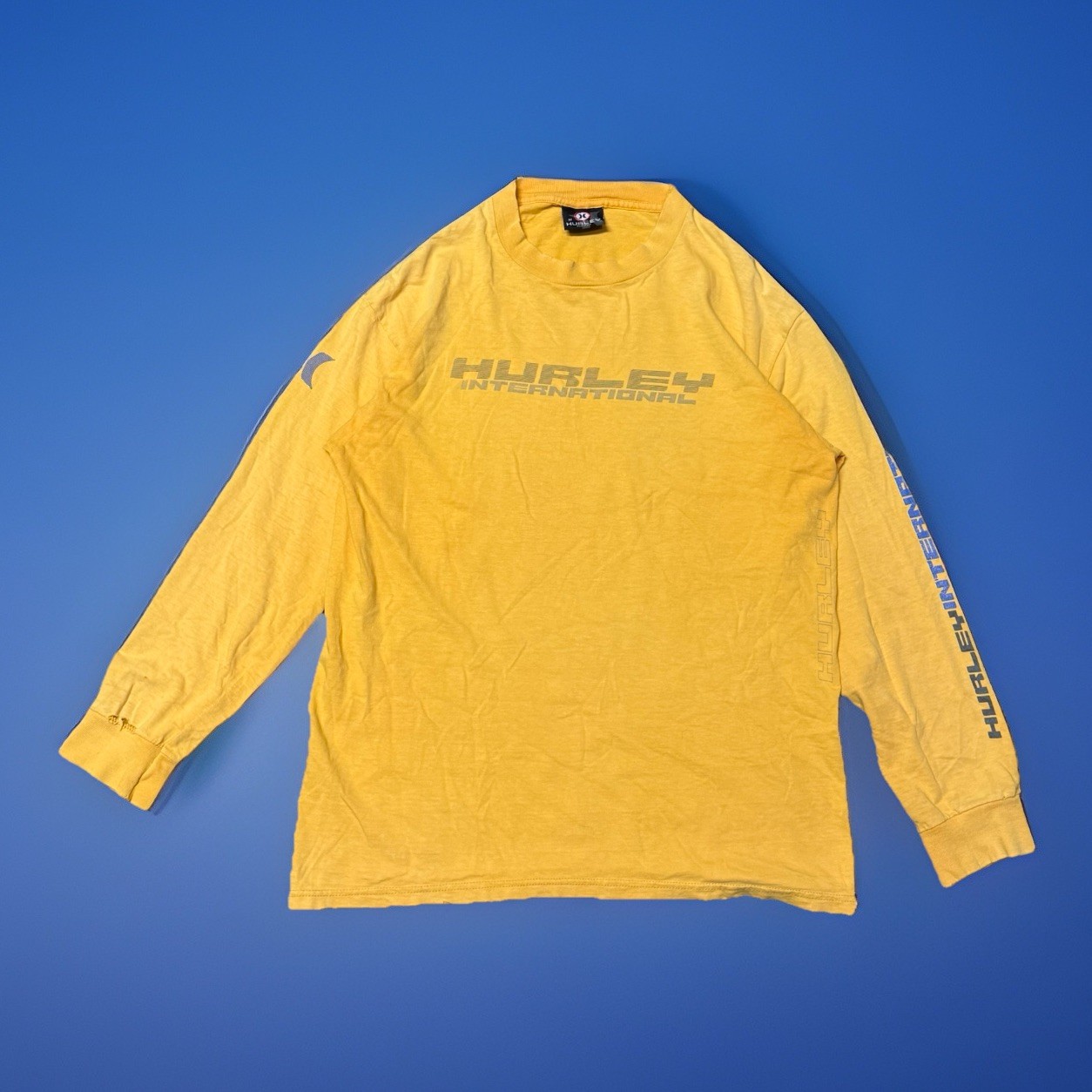 Vtg 90s Hurley USA Made Long Sleeve Shirt MD Blue Surf Skate Movement Internatio
