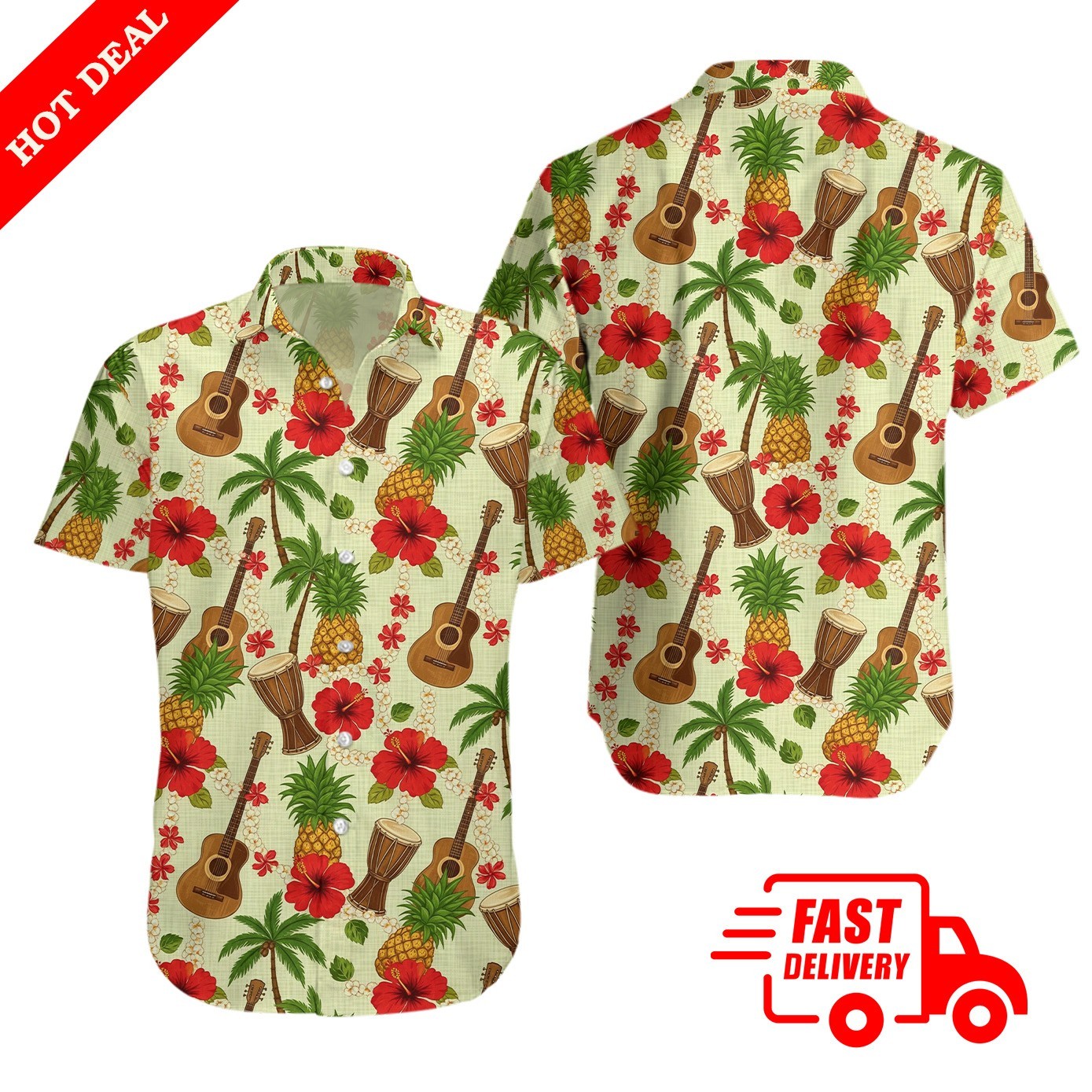 Hawaii Island Mens Ukulele Music Print Hawaiian Shirt Cotton Blend Pleated Top
