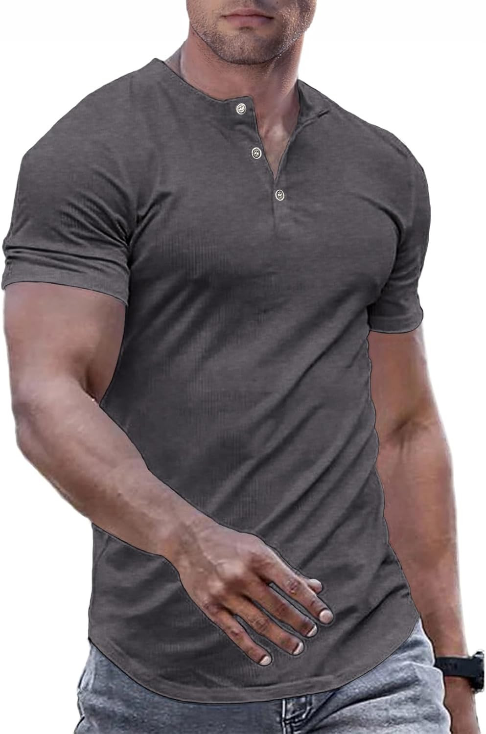 Men’s Muscle Slim Henley Shirts Crewneck T-Shirt Gym Workout Athletic Shirt Tees