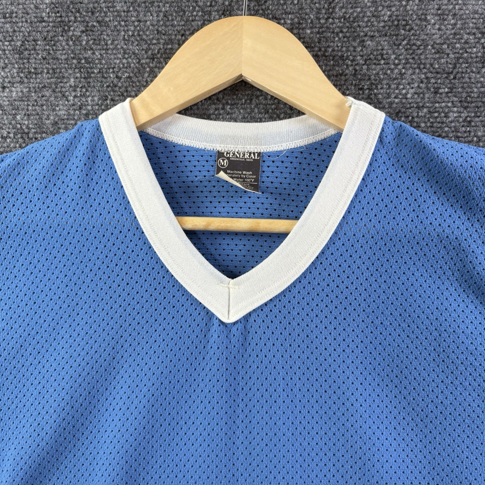 VTG 70s Nylon Mesh Flock Printed V Neck Jersey Mens M Blue Baseball Football