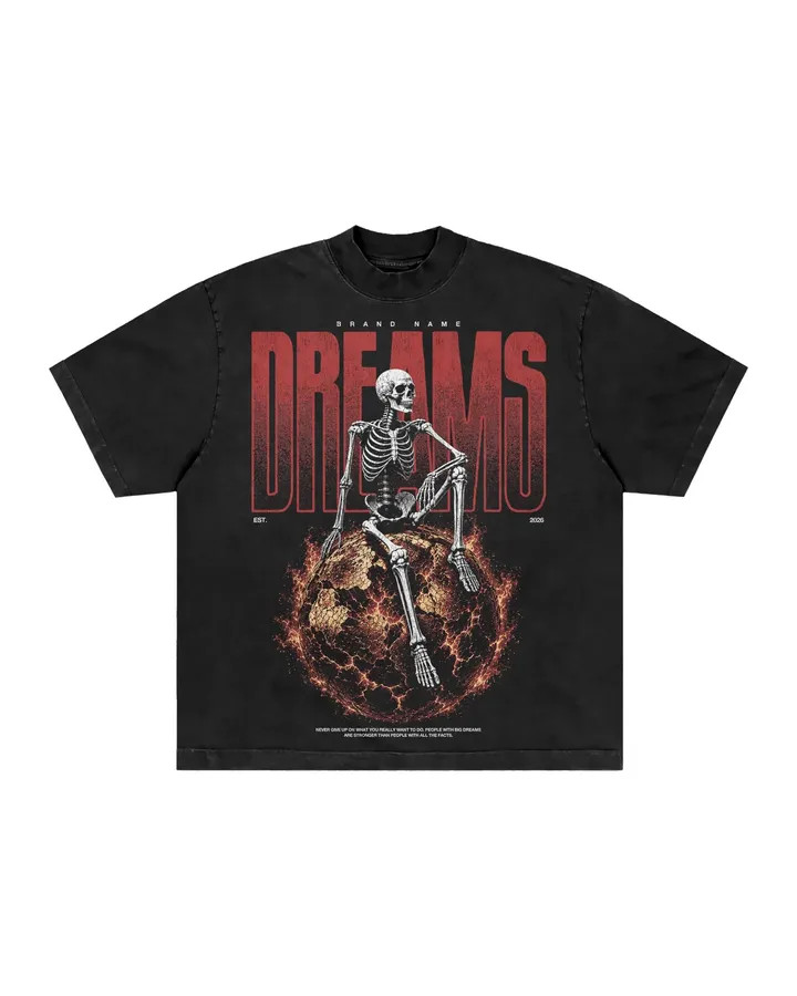 Men’s Vintage Washed Graphic T-Shirt Skeleton World Print Gothic Streetwear Tee
