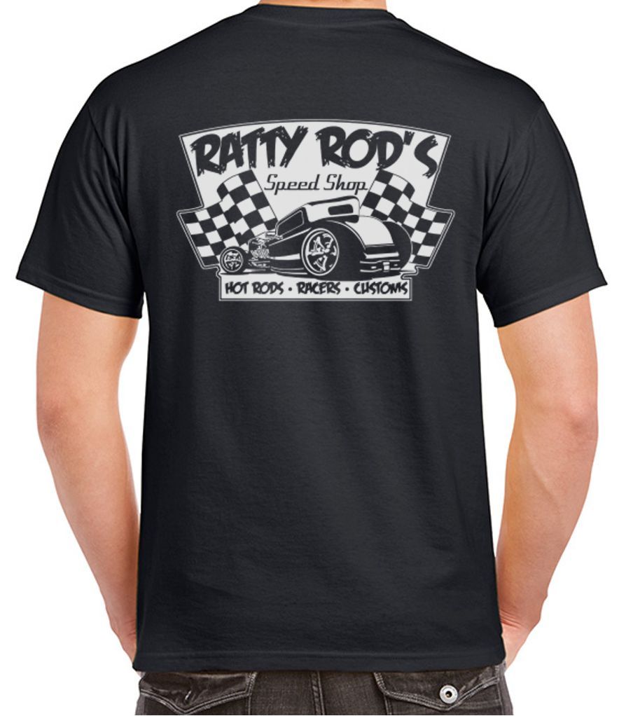 RATTY ROD’S SPEED SHOP T-SHIRT Tee ~ Hot Rods ~ Racers Checkered Flag