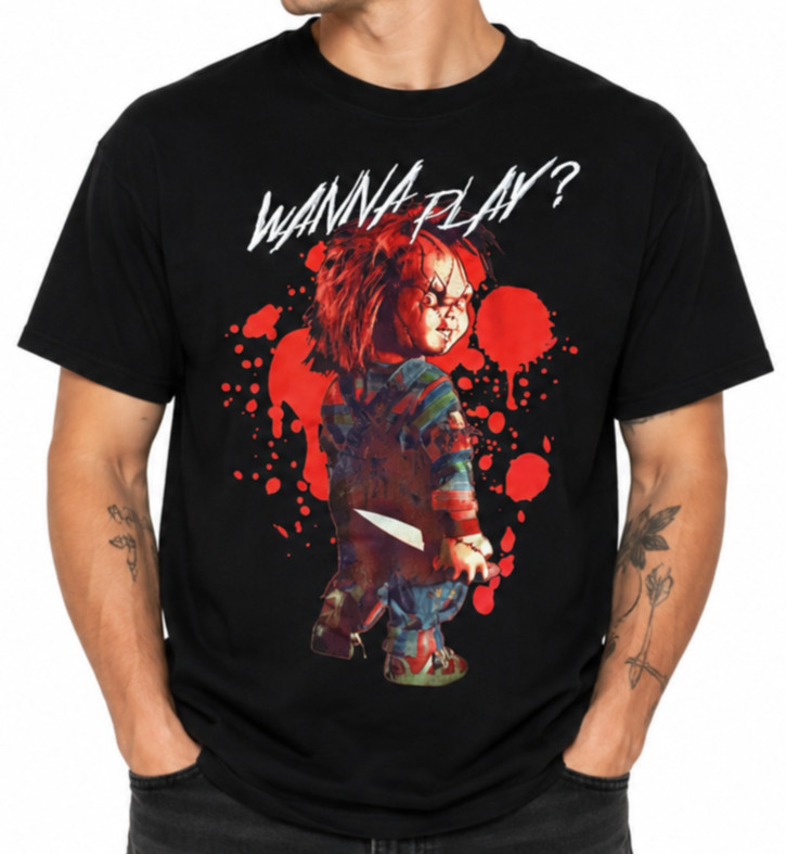 Chucky “Wanna Play?” Graphic T-Shirt – Men’s Regular Small – Black Horror Movie