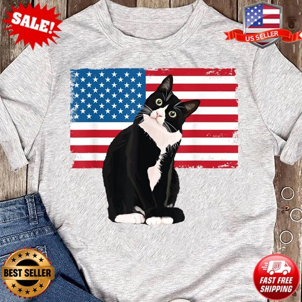Tuxedo Cat TShirt 4th of July Patriotic Tee Gift Cat Day T-Shirt S-5XL