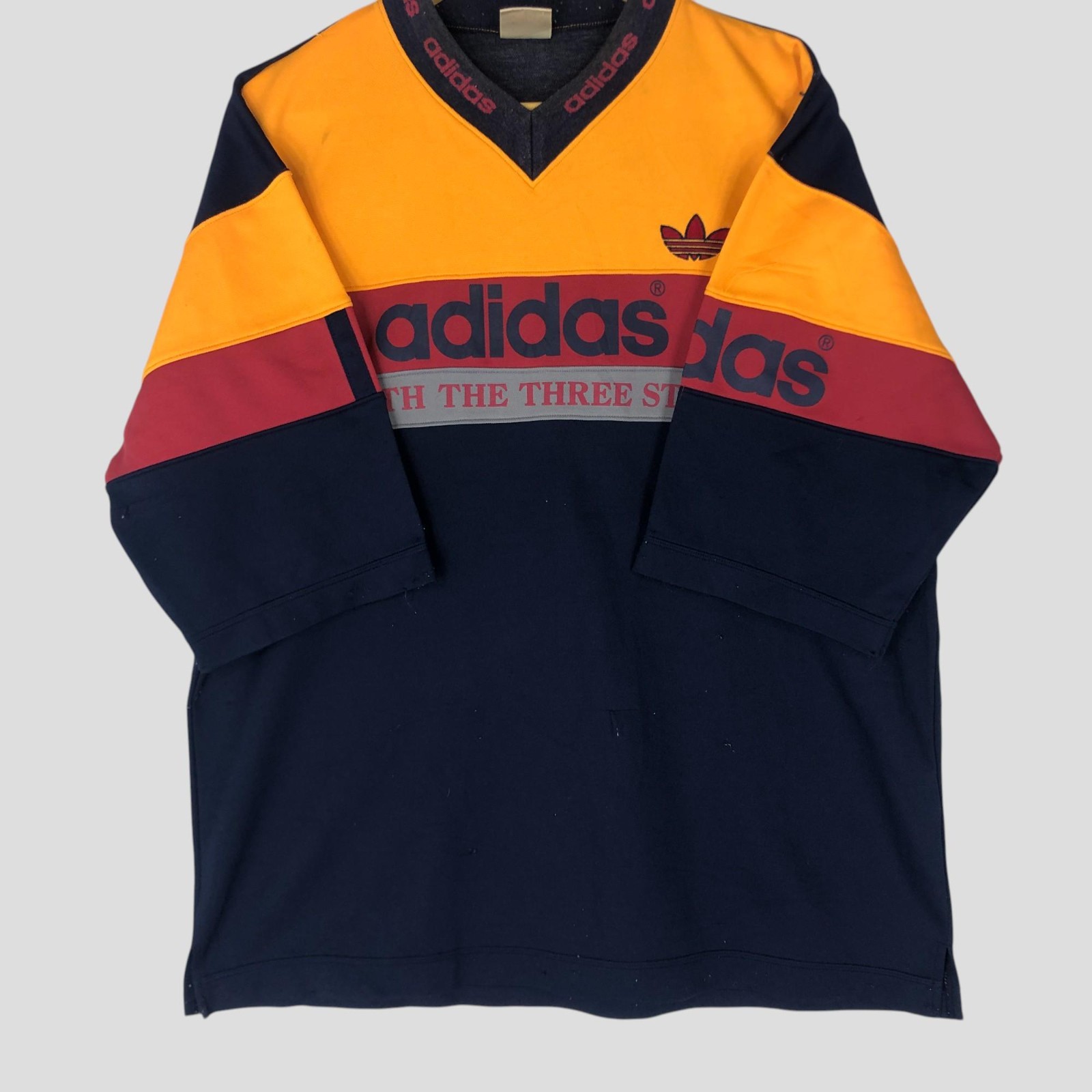 Vintage 90s Adidas Trefoil Jersey Tee – Large Colourblock V Neck