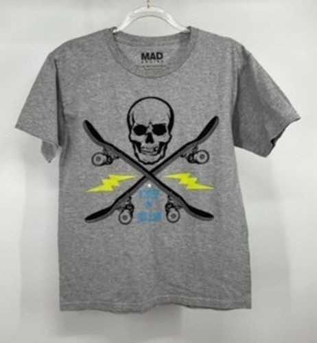 Mad Engine T-Shirt Mens XL Gray Skull Skateboard Lightning Graphic Tee Crew