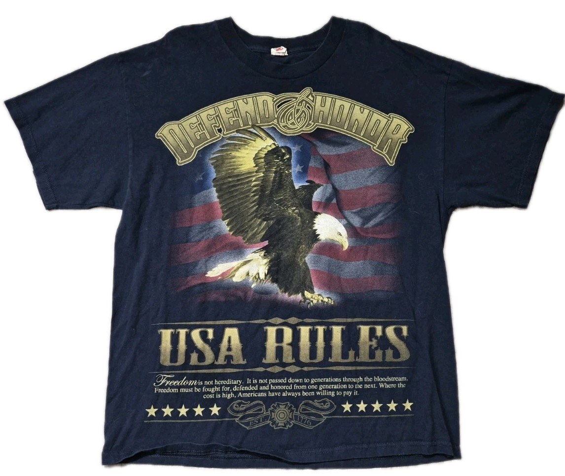 Vintage Y2k Mens XL Defend Honor USA T Shirt Bald Eagle American Flag Patriotic