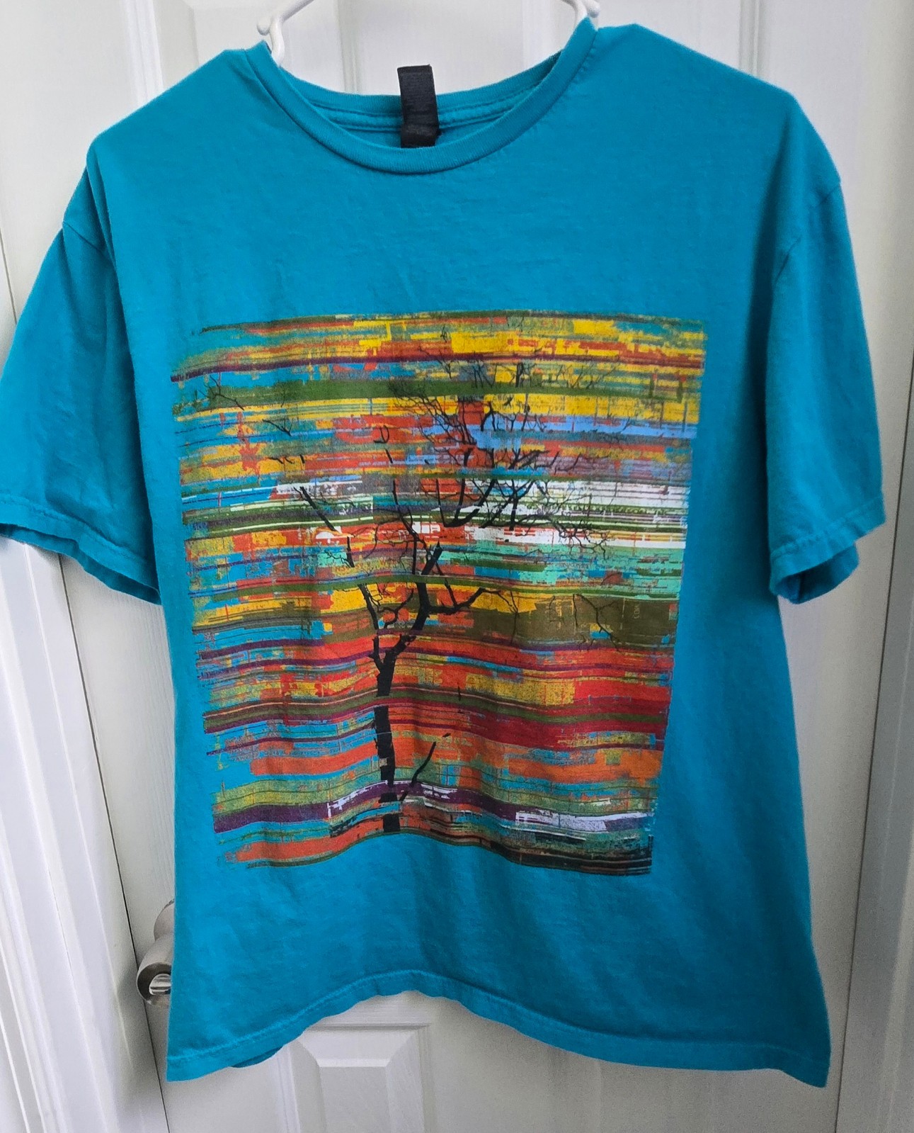 Abstract Art Tree Silhouette Graphic T-Shirt Teal Turquoise Blue Gildan Large L