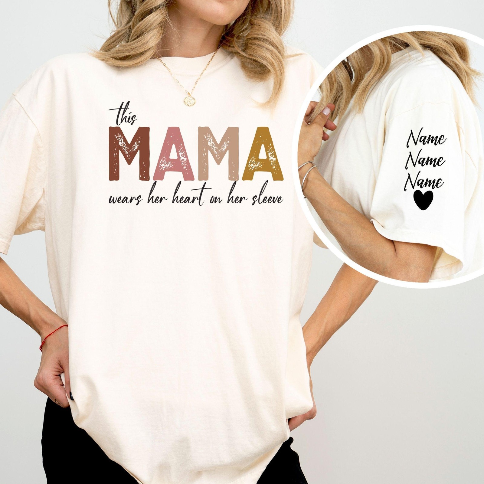 Personalized Mama Wears Her Heart on Her Sleeve T-Shirt Mom Gift