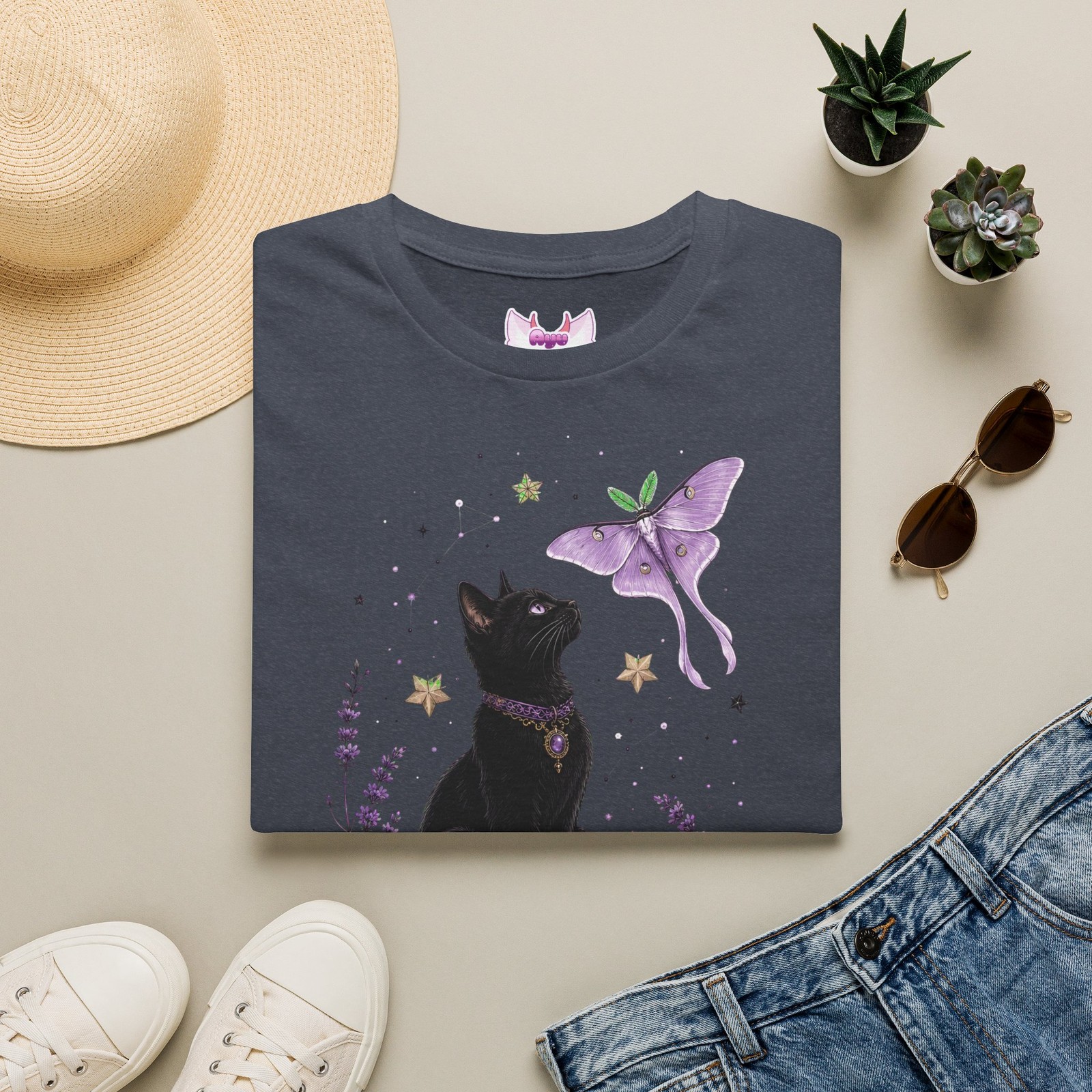 Black Cat and Purple Moth T-Shirt | Magical Witchy Illustration