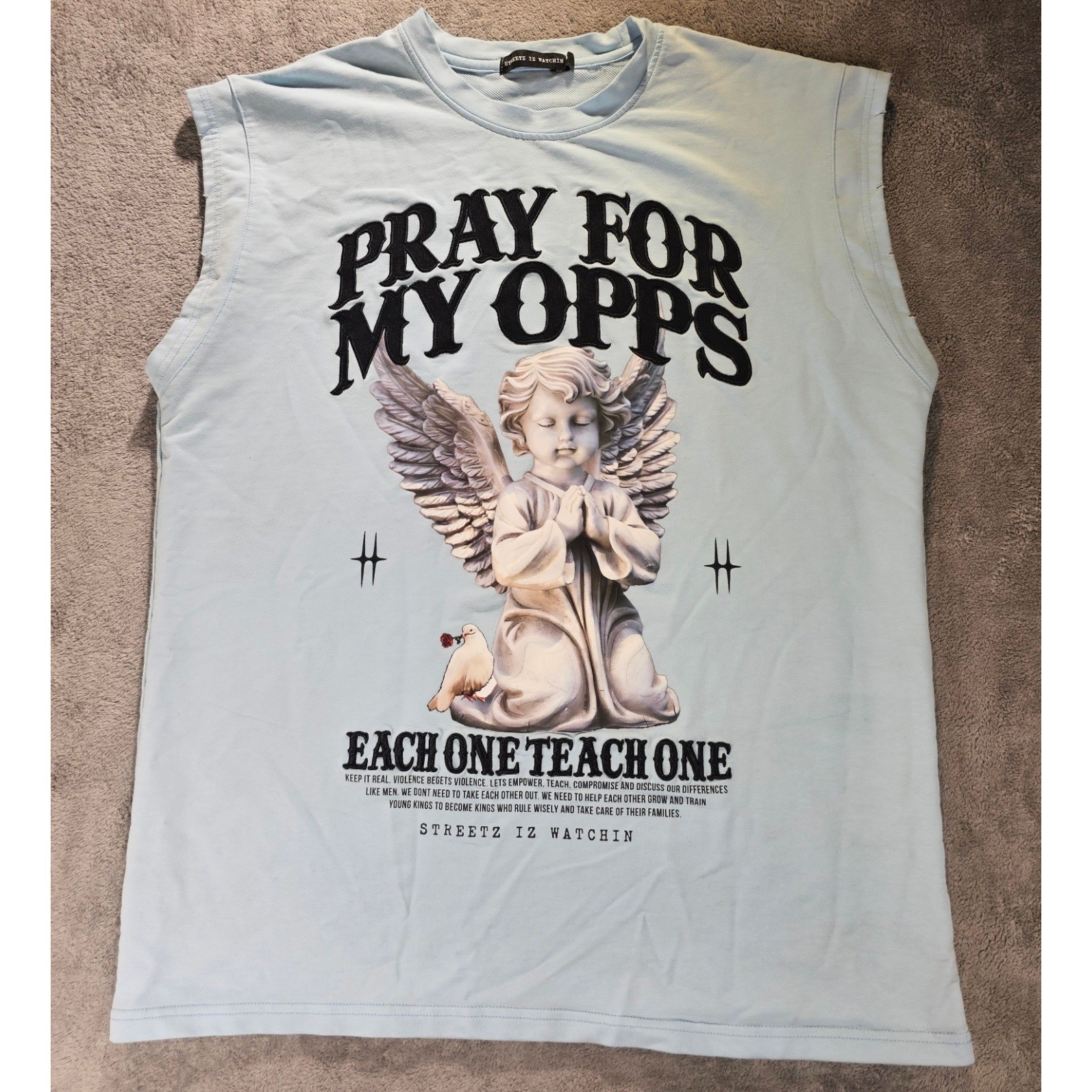 Streetz Iz Watchin Pray For My Opps Angel Muscle Tee Light Blue Small
