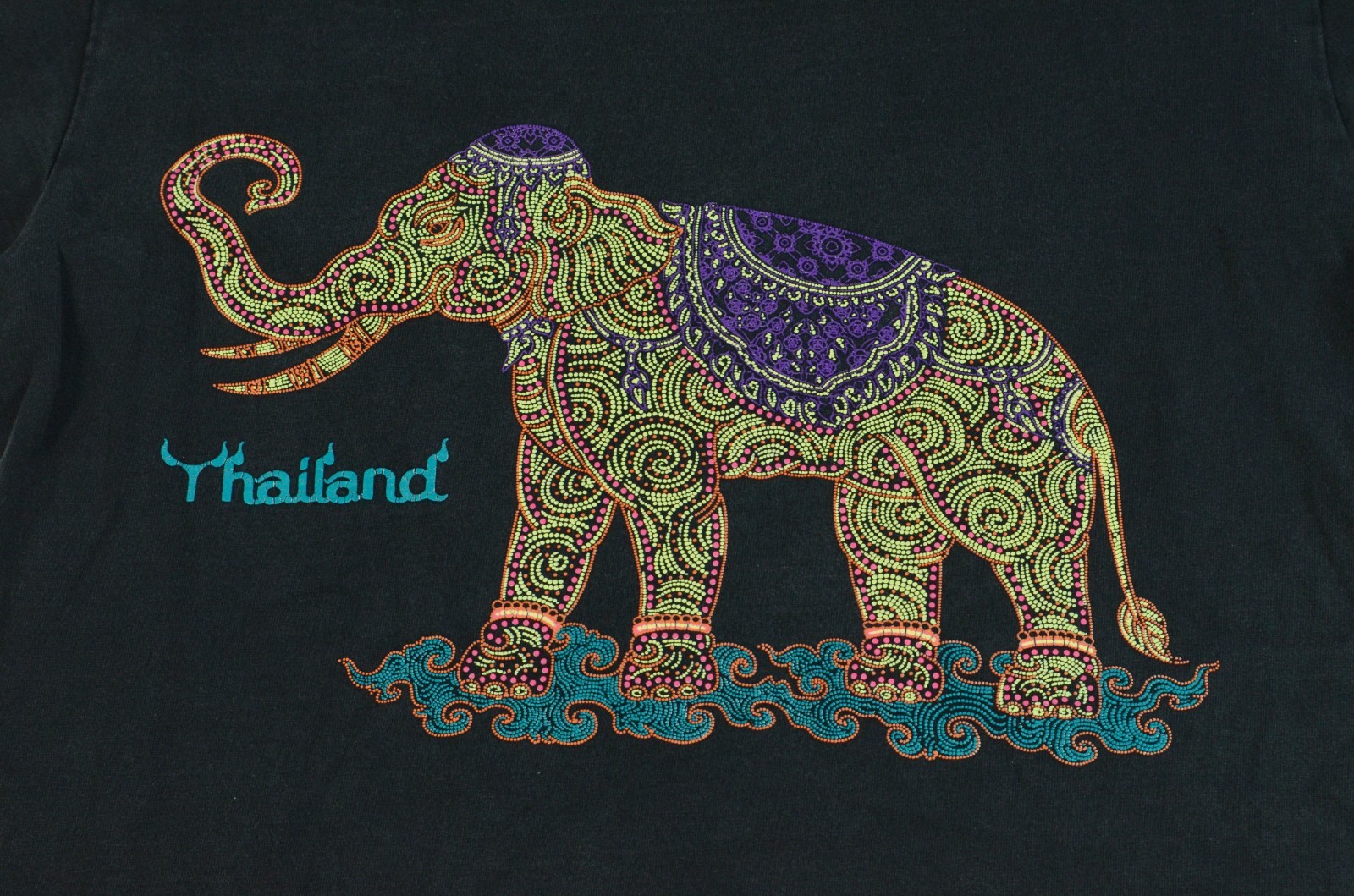 Vintage Thai Thailand Elephant Double Sided 90’s Medium Black Shirt “Beaded Art”