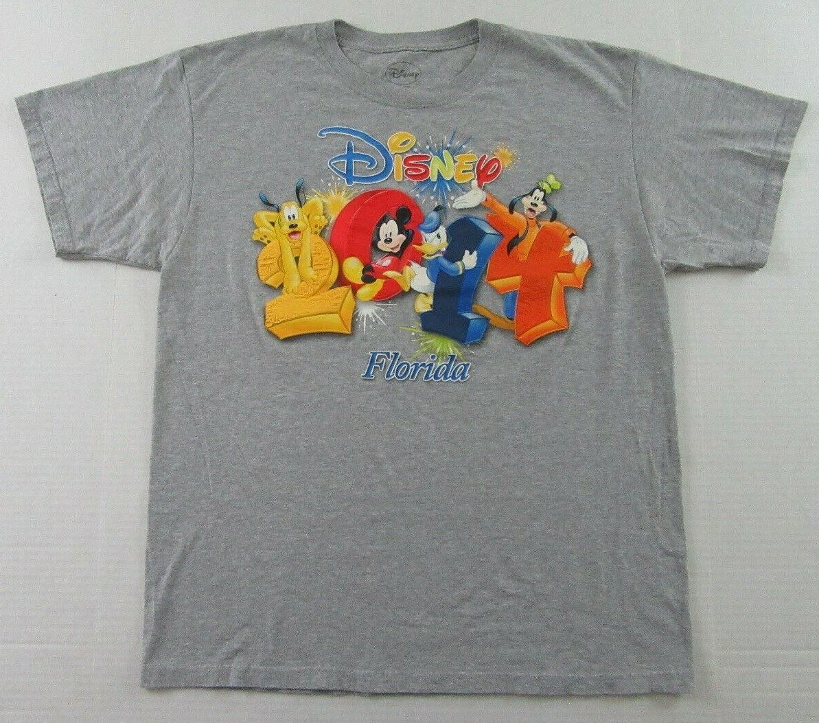 DISNEY FLORIDA 2014 3D Logo Pluto Mickey Mouse Donald Duck Goofy T Shirt Sz L