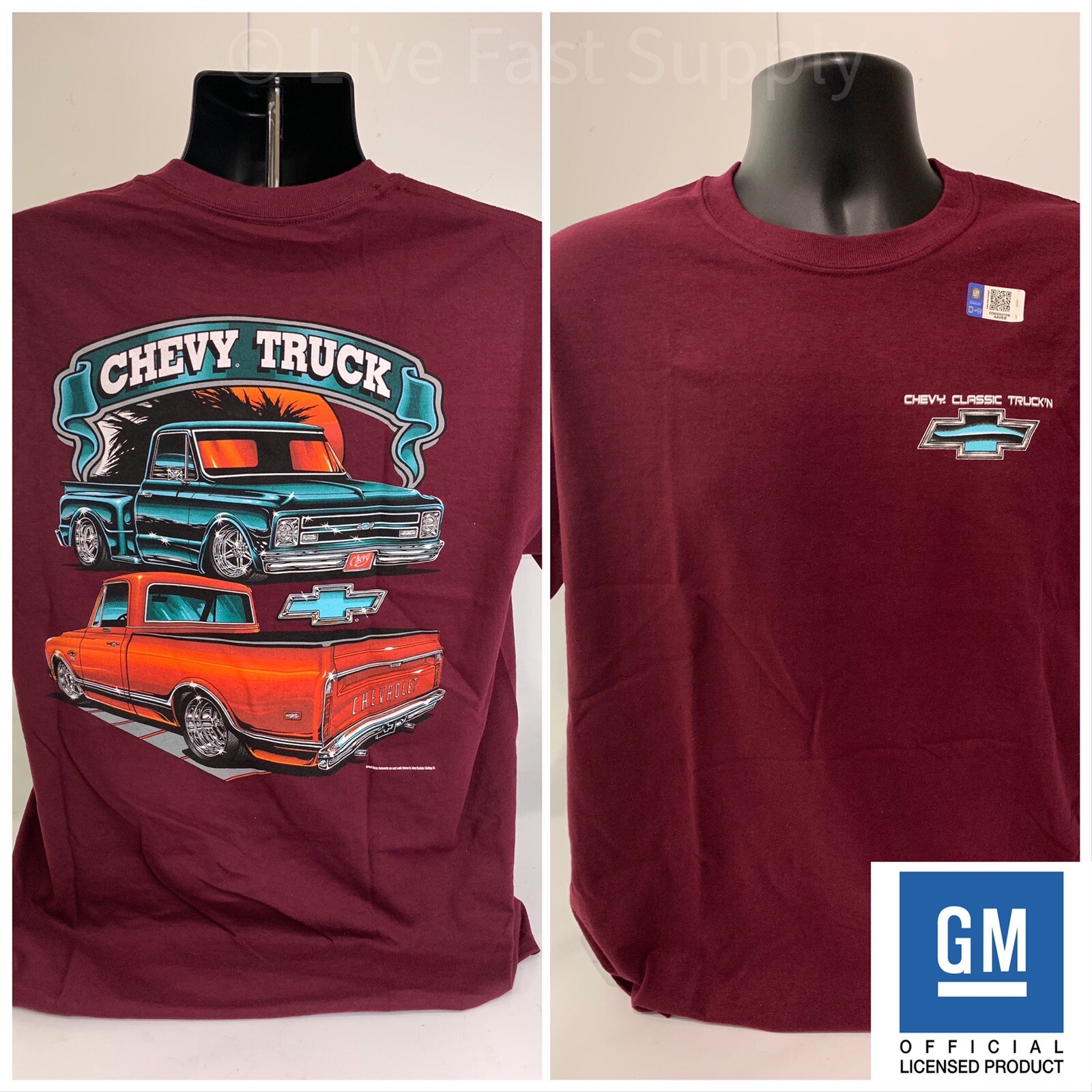 1967-72 Chevy C10 Pickup T-Shirt – Maroon w/ Orange & Teal Trucks (Licensed)