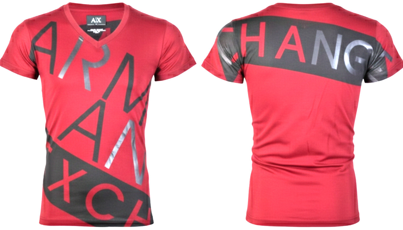 ARMANI EXCHANGE Red Black BIAS Short Sleeve Slim Fit Designer V-NECK T-shirt NWT