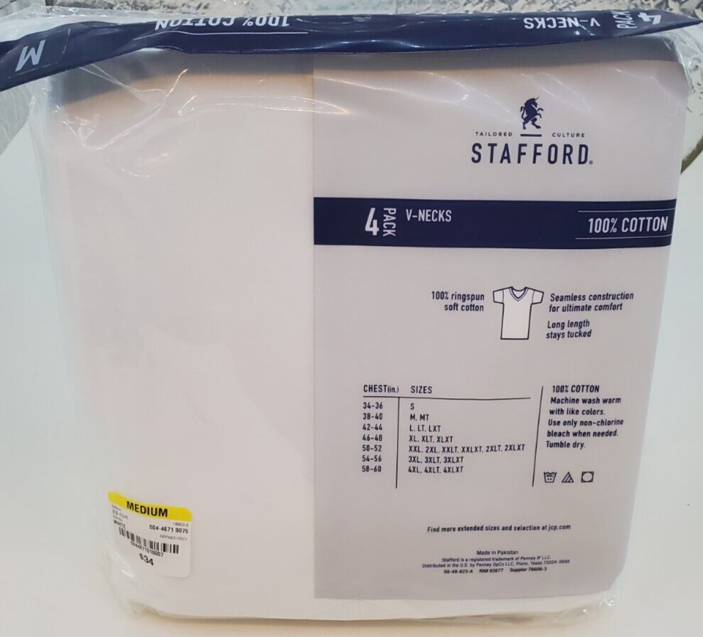 Stafford T Shirts Super Soft 100% Cotton V Necks Medium 4-Pack