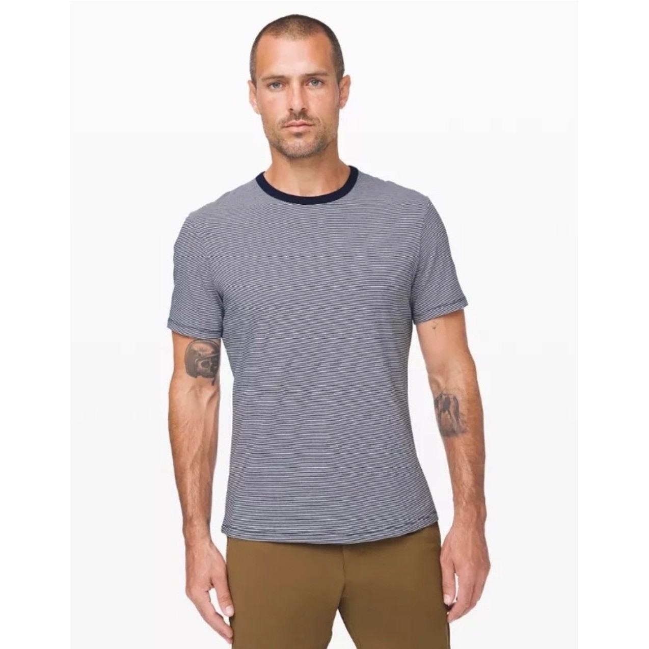 Lululemon 5 Year Basic Tee Mens XL NavyBlue White MicroStripe ShortSleeve TShirt