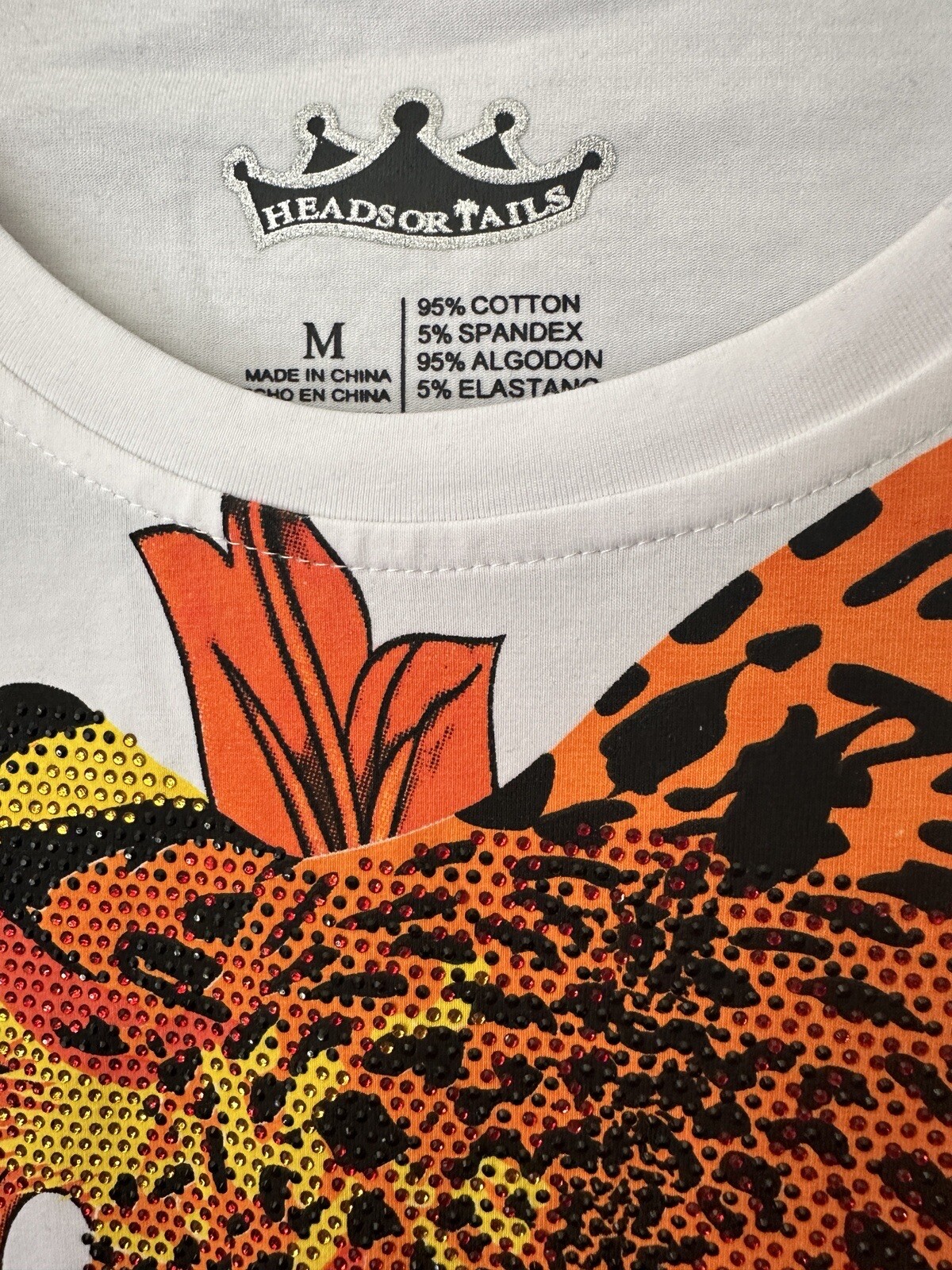 Head or Tails Men’s Rhinestones Beaded / White/Orange Tiger T-shirt Size M