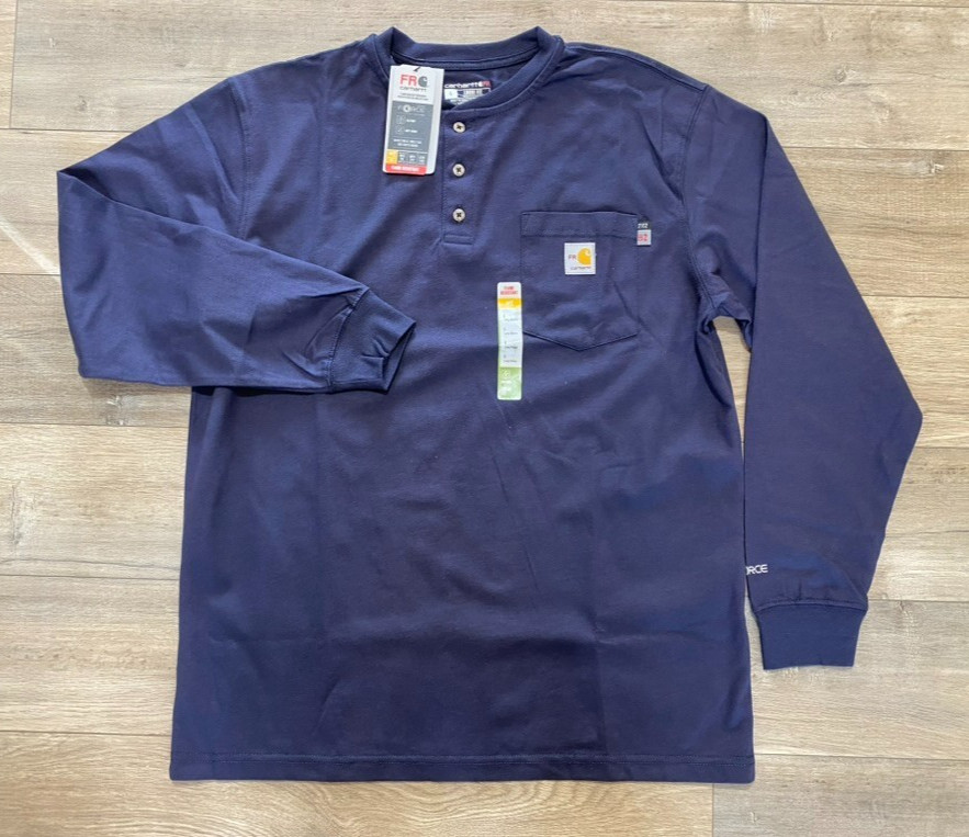 Carhartt Force FR Mens L Navy Blue Flame Resistant Long Sleeve Cat2 Pocket