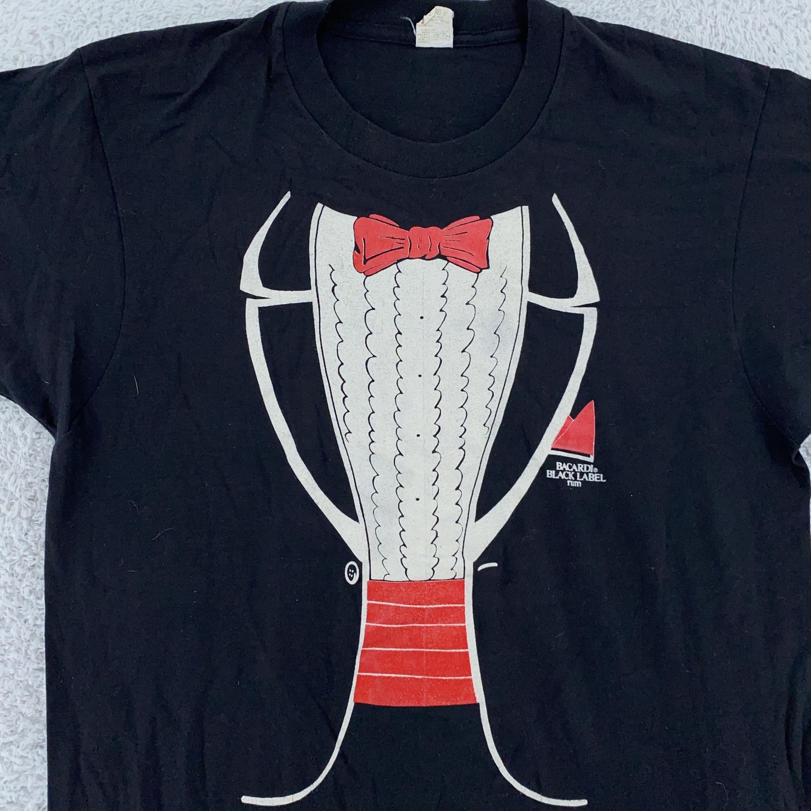 Vintage Bacardi Black Label Shirt Mens S/M Black Tuxedo Promo Rum 80s Bar Tee