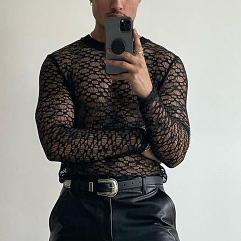 For Layering Men Mesh Tee Hollow Out Top High Street Style Mesh Fabric Loose Fit
