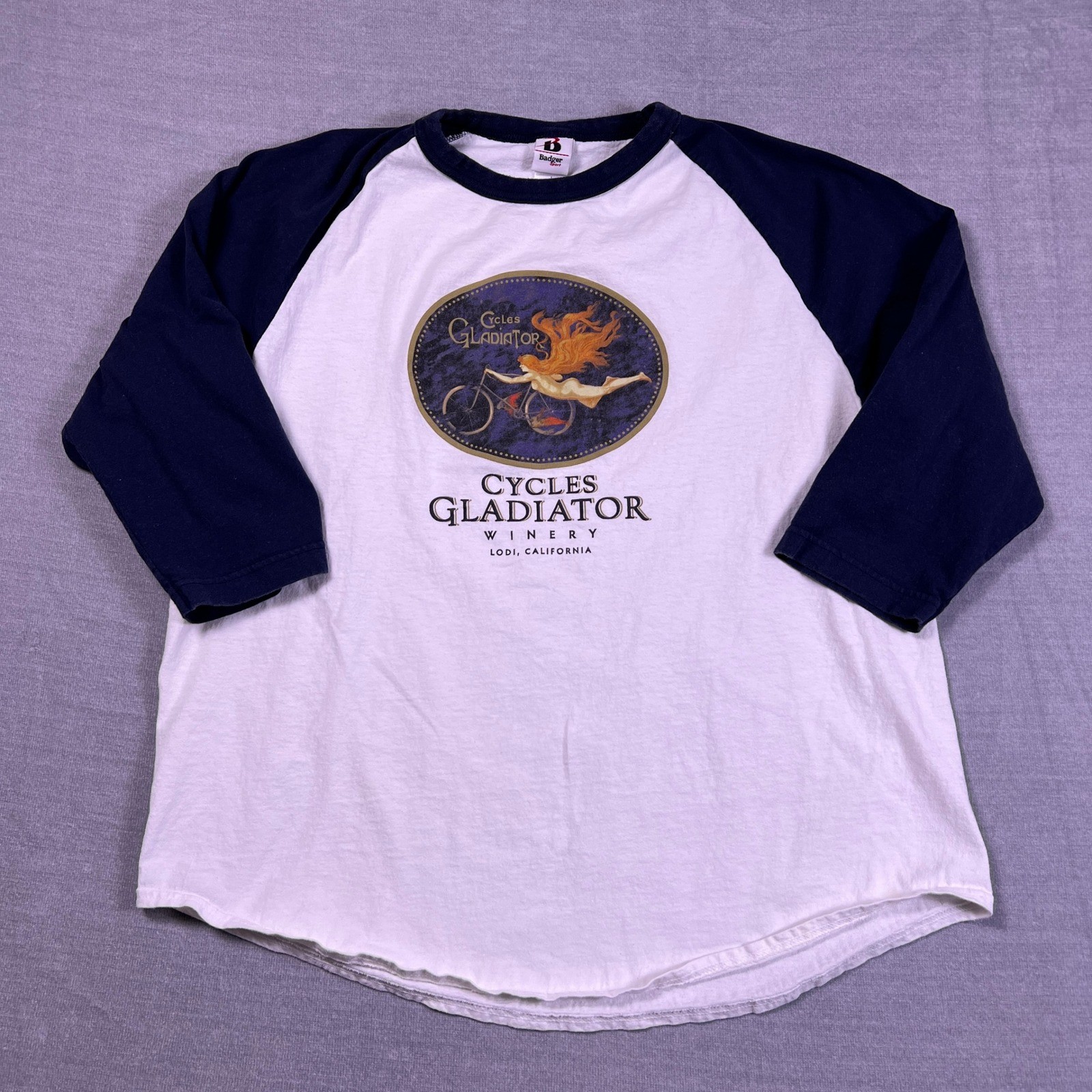 Badger Sport Cycles Gladiator Winery Baseball T-Shirt Mens Large White Blue
