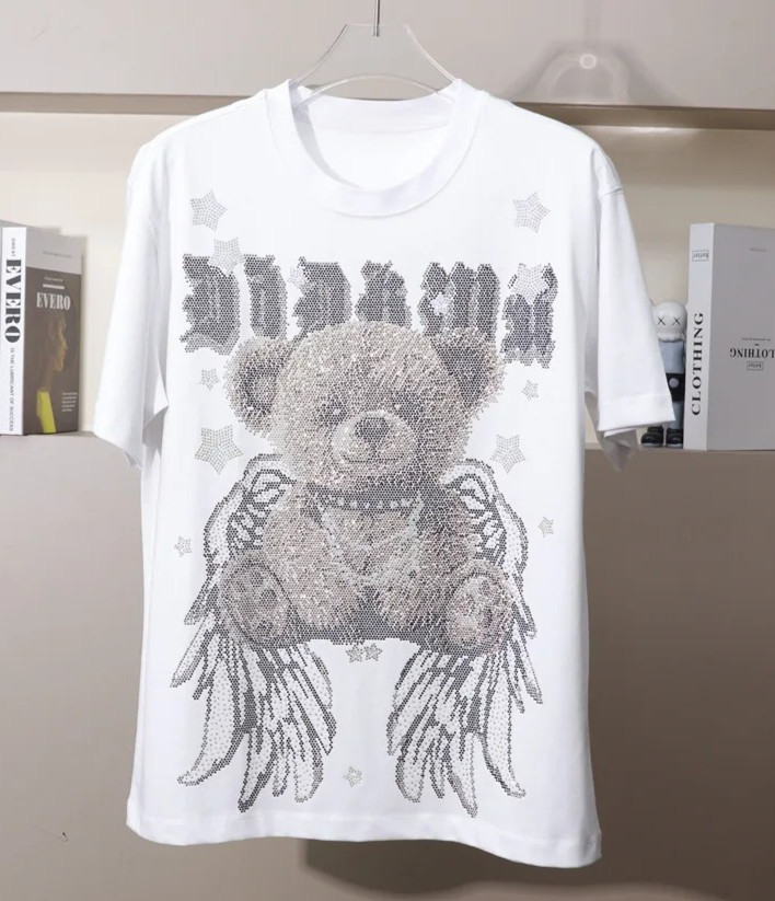 New Men Fashion Diamond Bear Rhinestones Luxury Black White T-Shirt High Quality