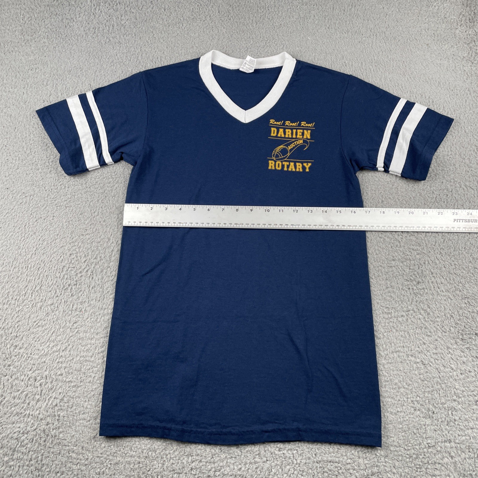 Vtg Augusta Sportswear Navy Blue Ringer V-Neck T Shirt Darien Rotary Club 90s