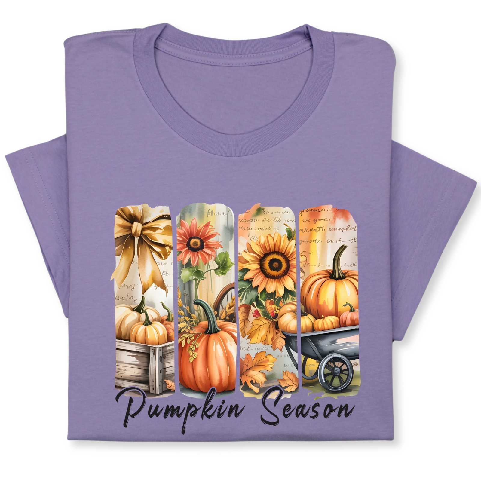 Pumpkin Season Print Shirt, Fall Tee with Sunflowers & Cart