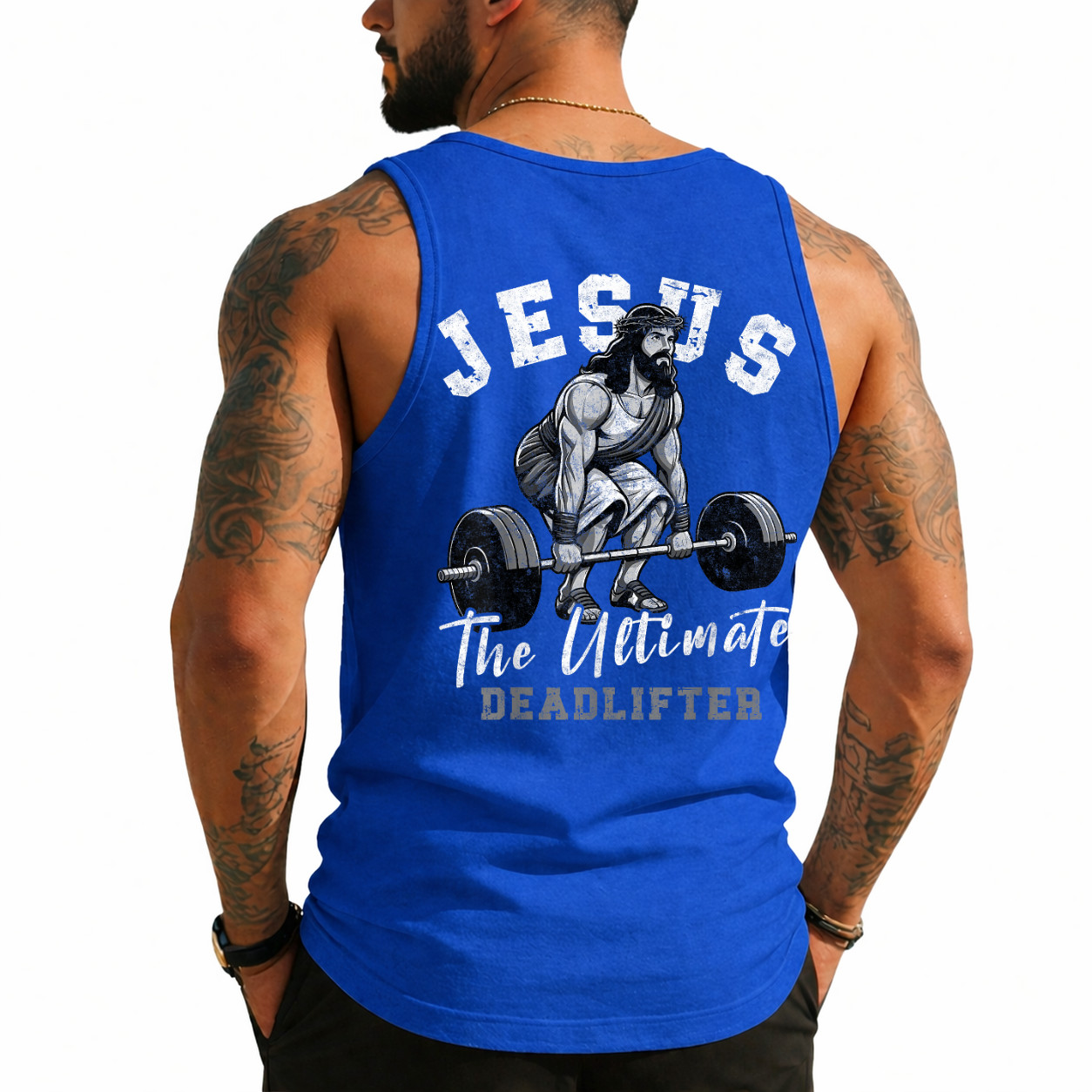 Jesus The Ultimate Deadlifter Funny Christian Workout Gym (On Back) Tank Top