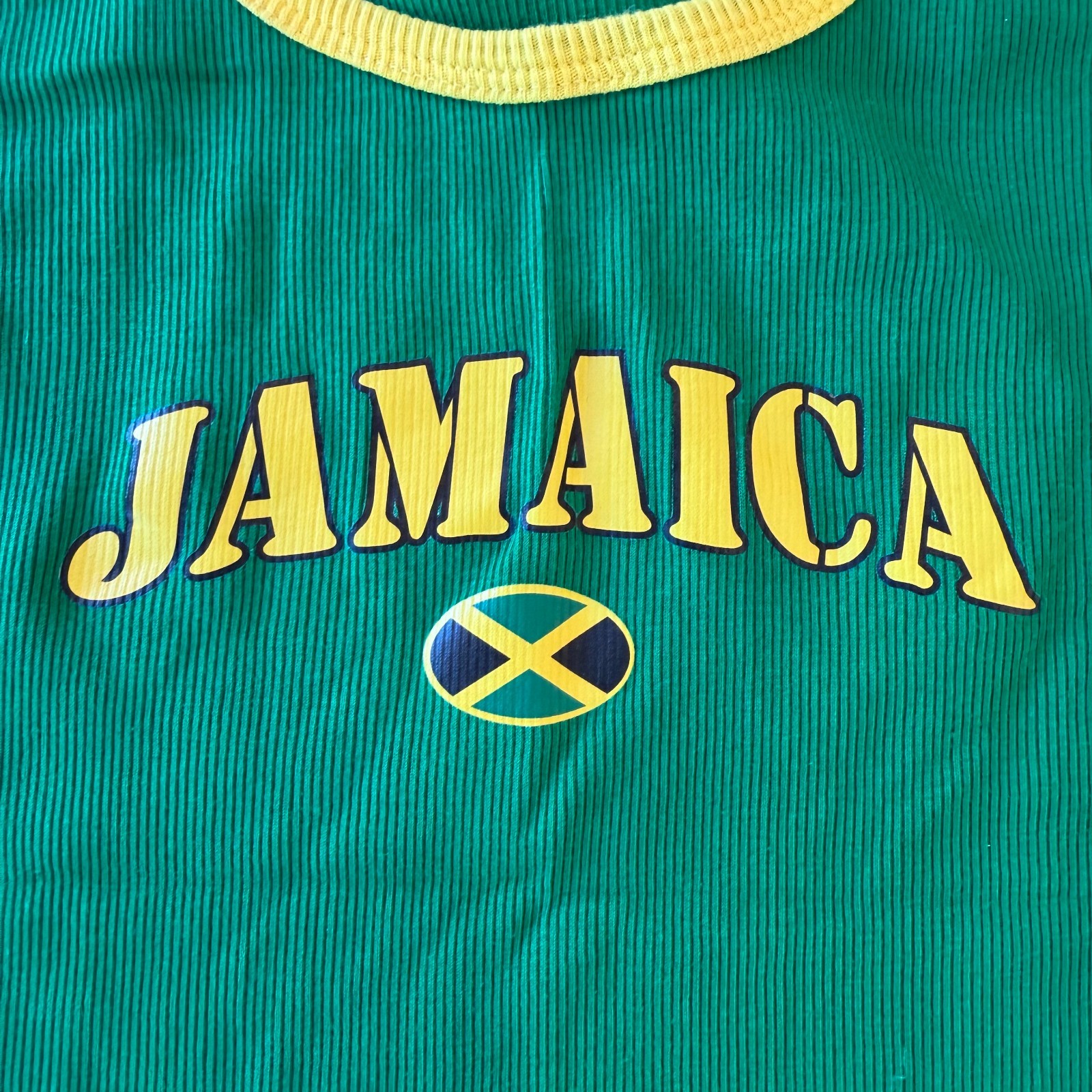 Knit Knot Jamaica Ribbed Tank Top Green Yellow Trim Flag Graphic Size XXL