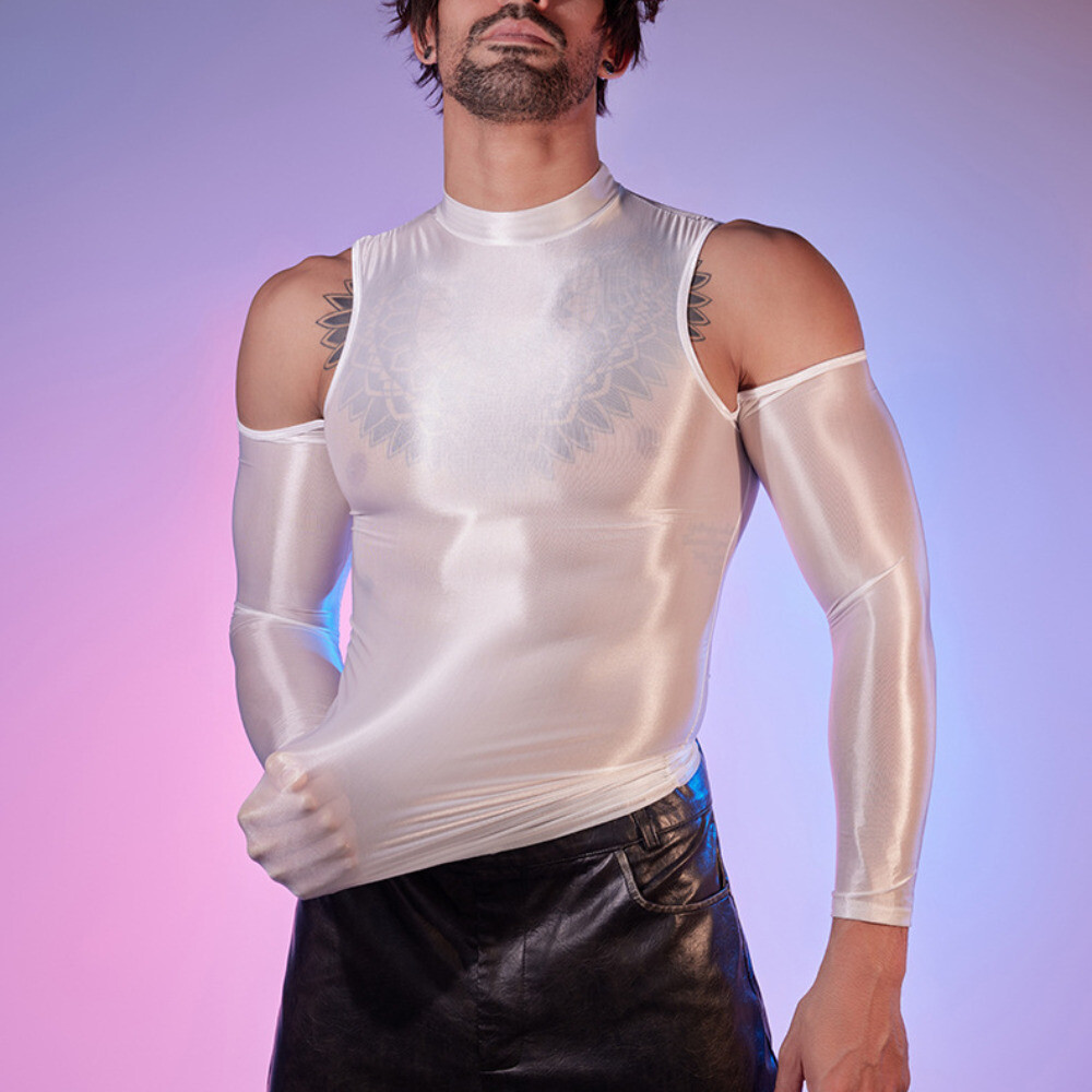 Men Tights Tops Shirt T-shirt Sexy Hollow Out Oiled Shiny Party Clubwear Fashion