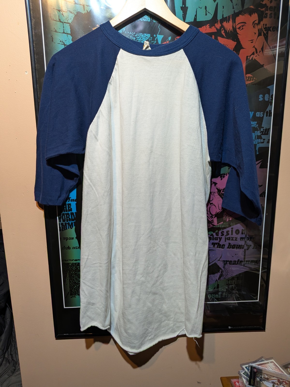 Vintage Navy White Medallion Quarter Sleeve Blank Shirt Size XL Made In USA