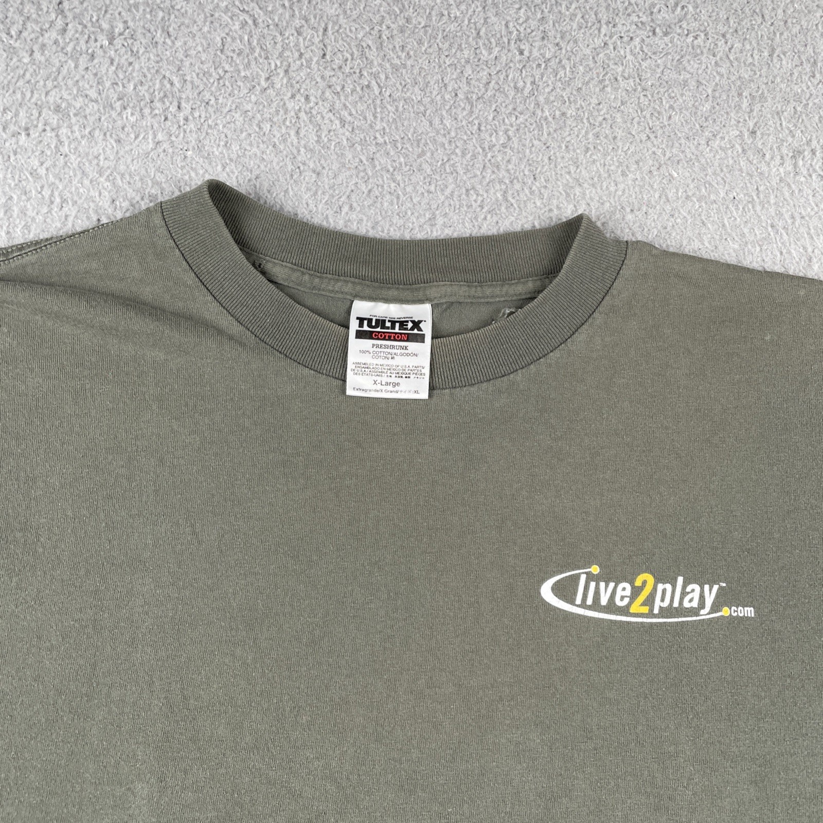 Vtg Tultex Olive Green XL Shirt Live2Play.com Skier Back Graphic Mountain Y2K