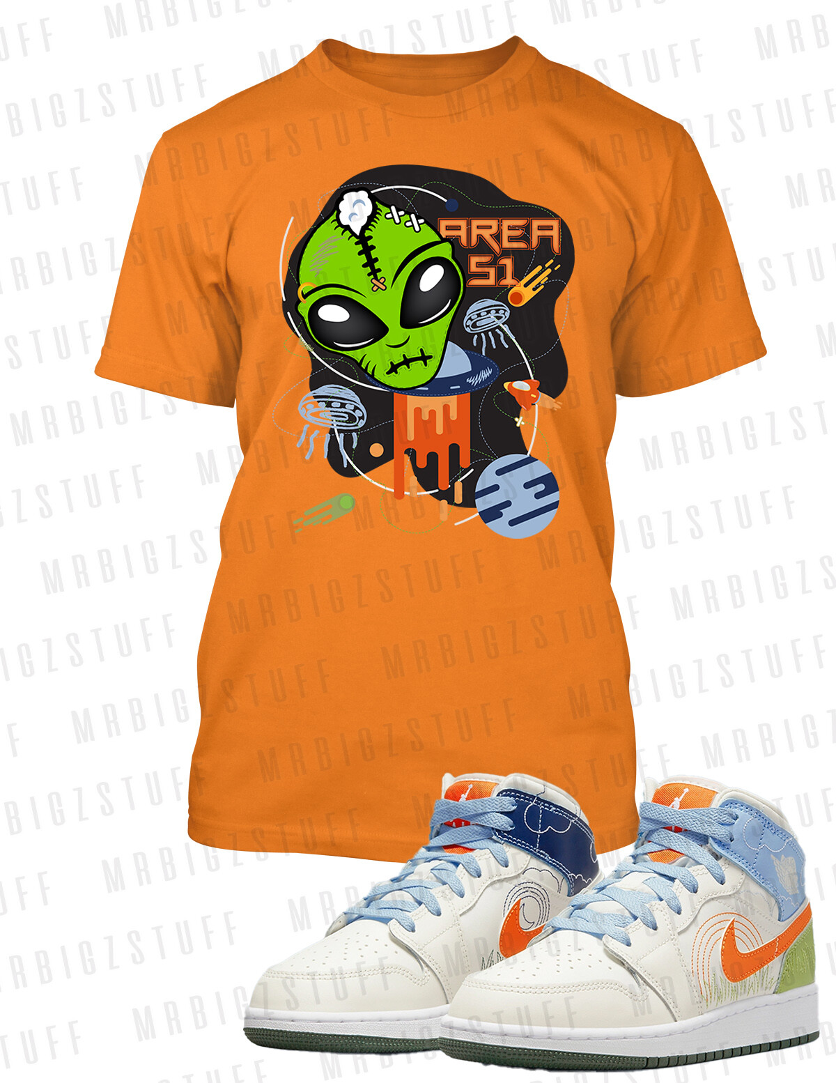 J1 KO Orange Graphic Sneaker Tee Shirt Area 51 Alien Halloween Pro Club Shaka T